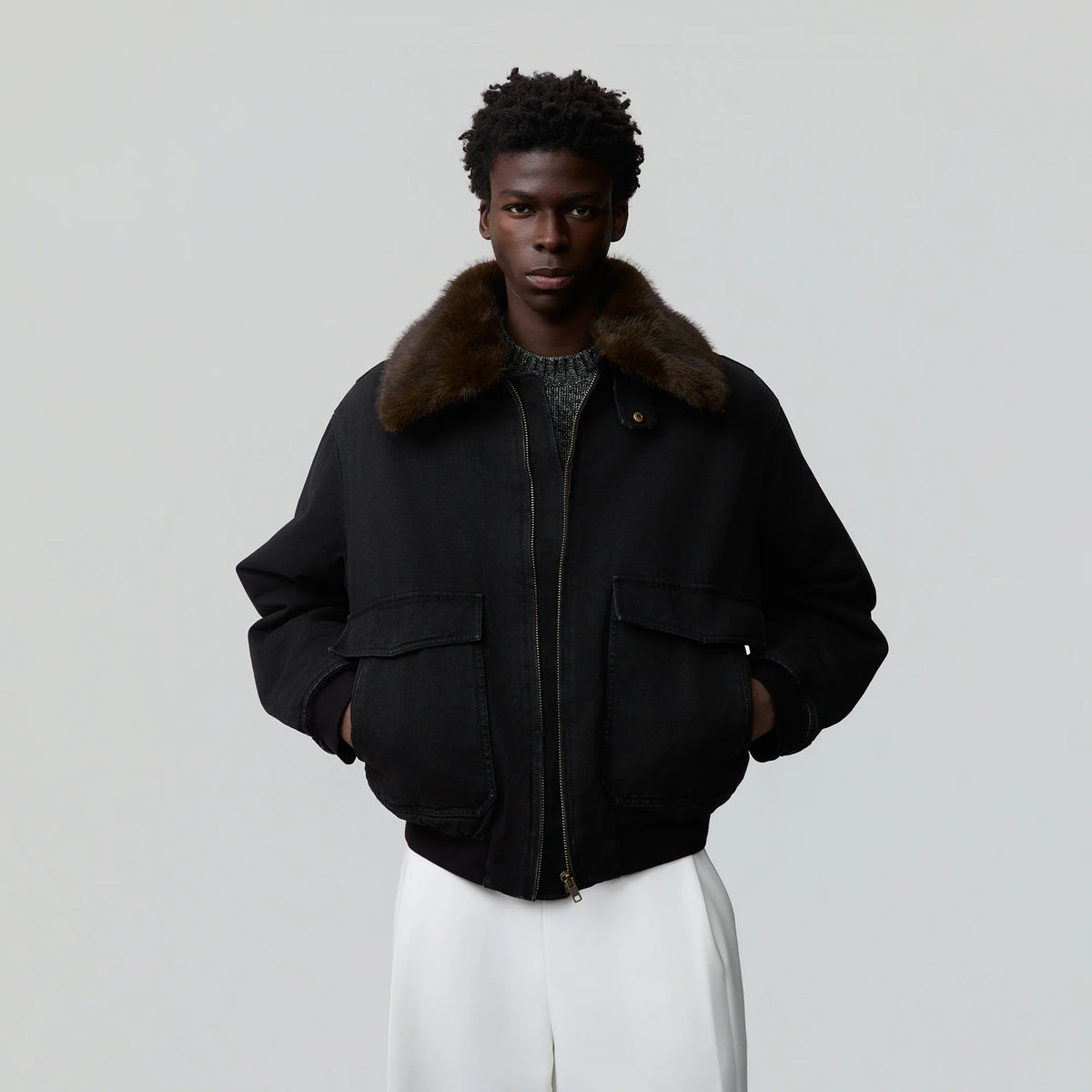 OPICLOTH Detachable Faux Fur Collar Padded Denim Jacket