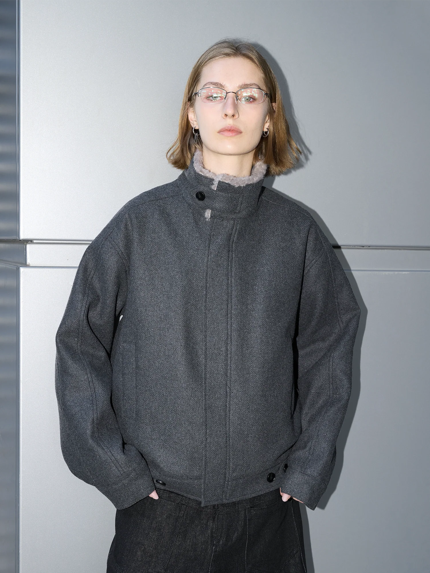 LABELROOM Modern Faux-Fur Collar Wool Jacket Gray