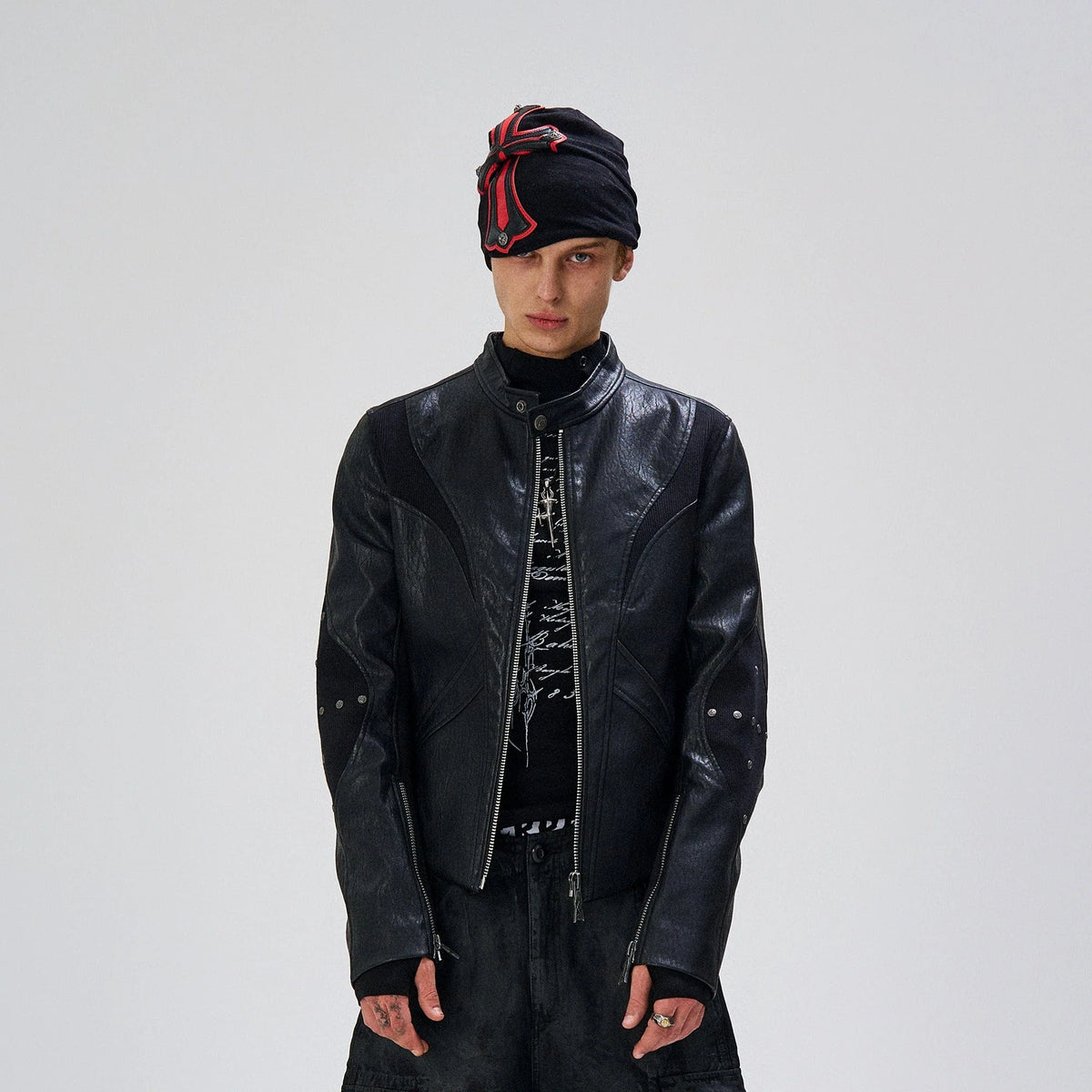 FLYERRER Structured Panel Faux Leather Biker Jacket