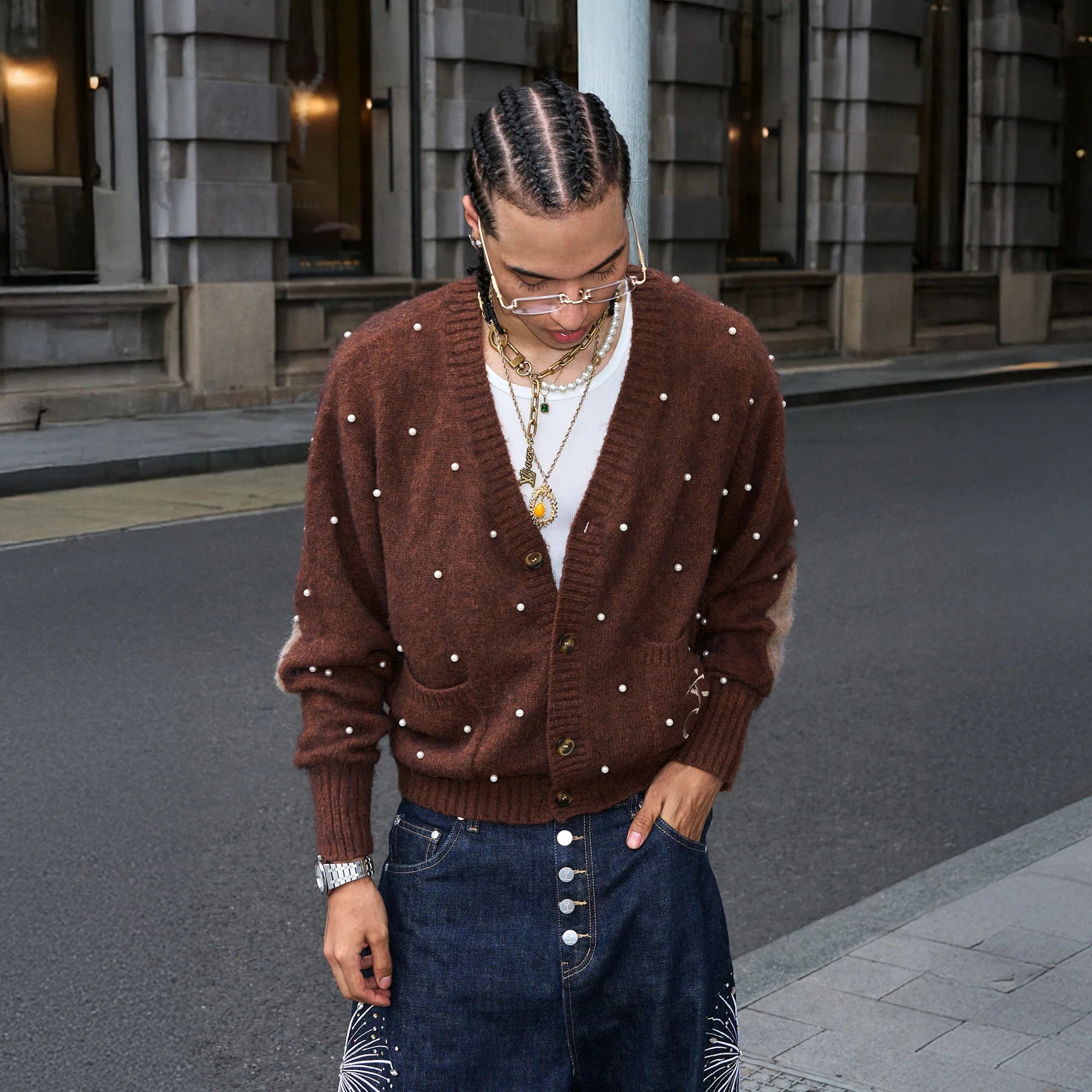 STEEPC Pearl-Studded Contrast Elbow Patch Cardigan