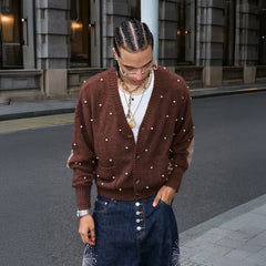 STEEPC Pearl-Studded Contrast Elbow Patch Cardigan