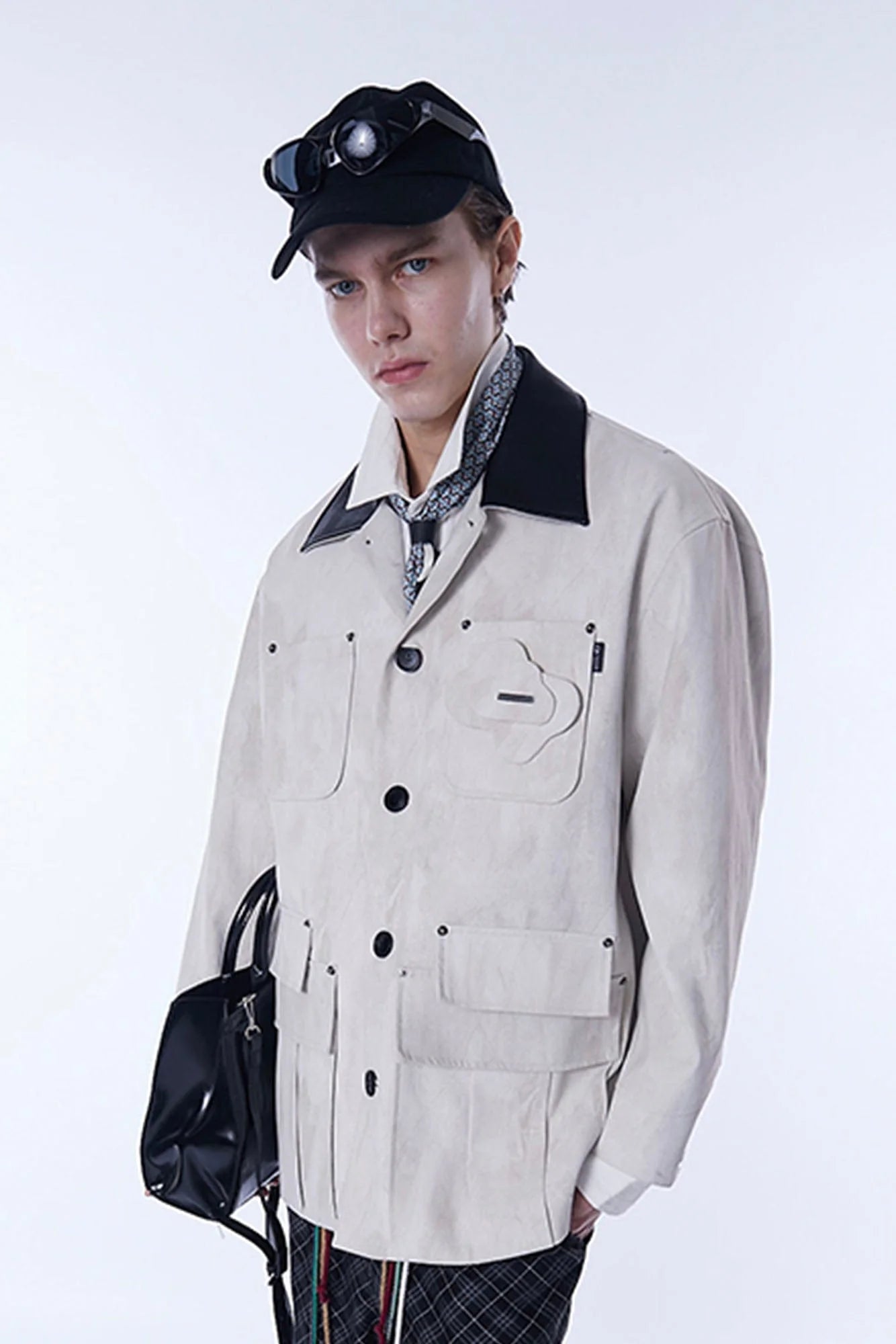 ASSEEN Distressed Panel Leather Collar Barn Jacket