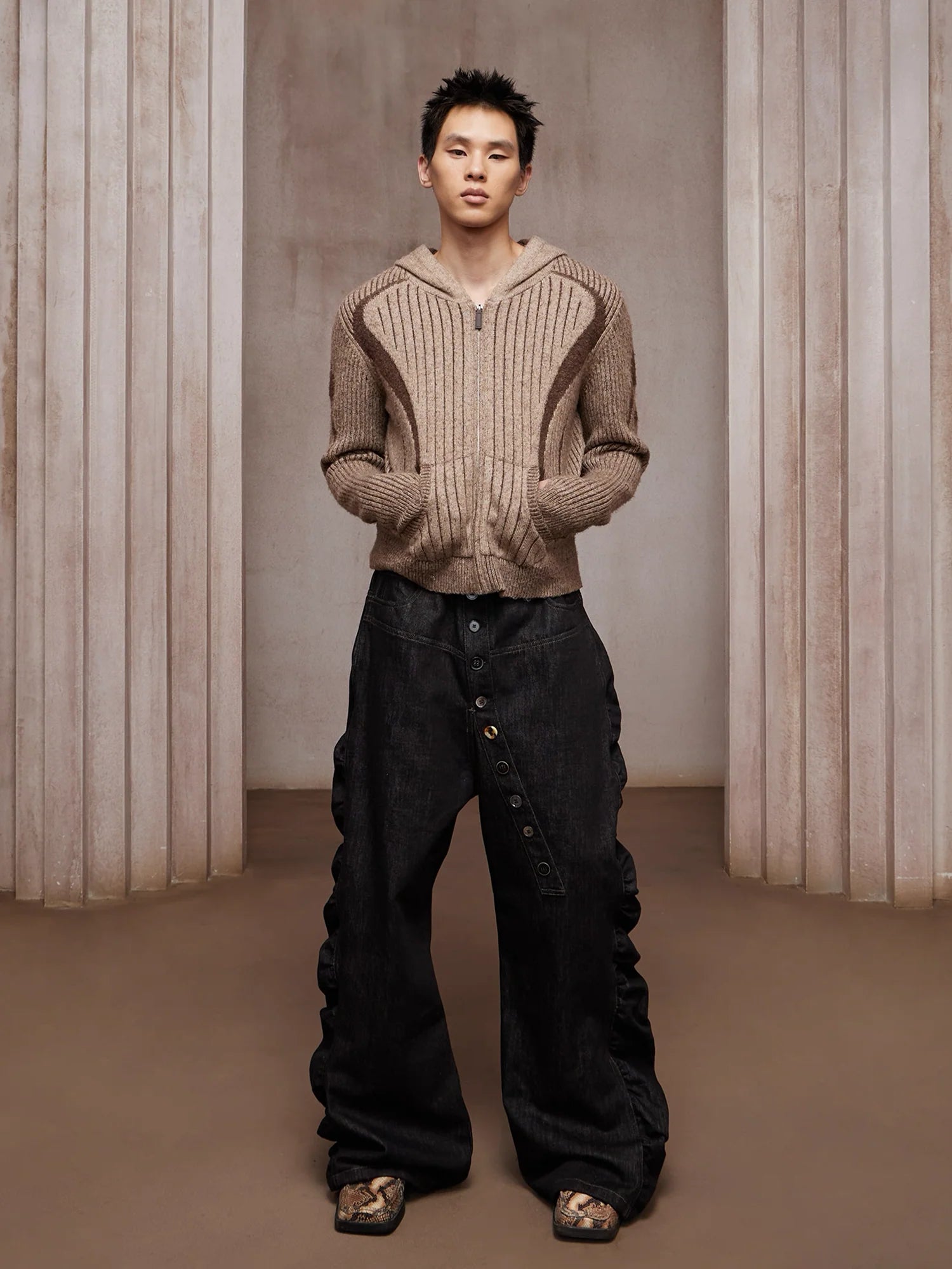 DND4DES Asym Button-Fly Ruched Baggy Jeans