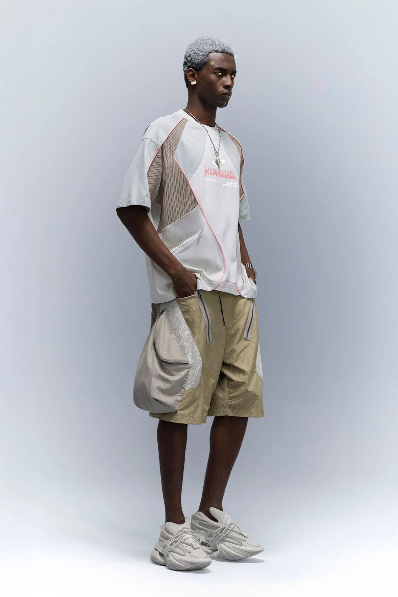 XIPHEVIL Snake Skin Contrast Panel Multi-Pocket Shorts
