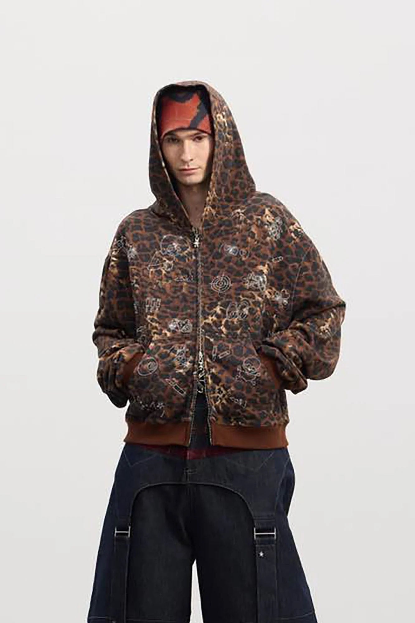 DND4DES Cartoon Rhinestone Leopard Zip-Up Hoodie