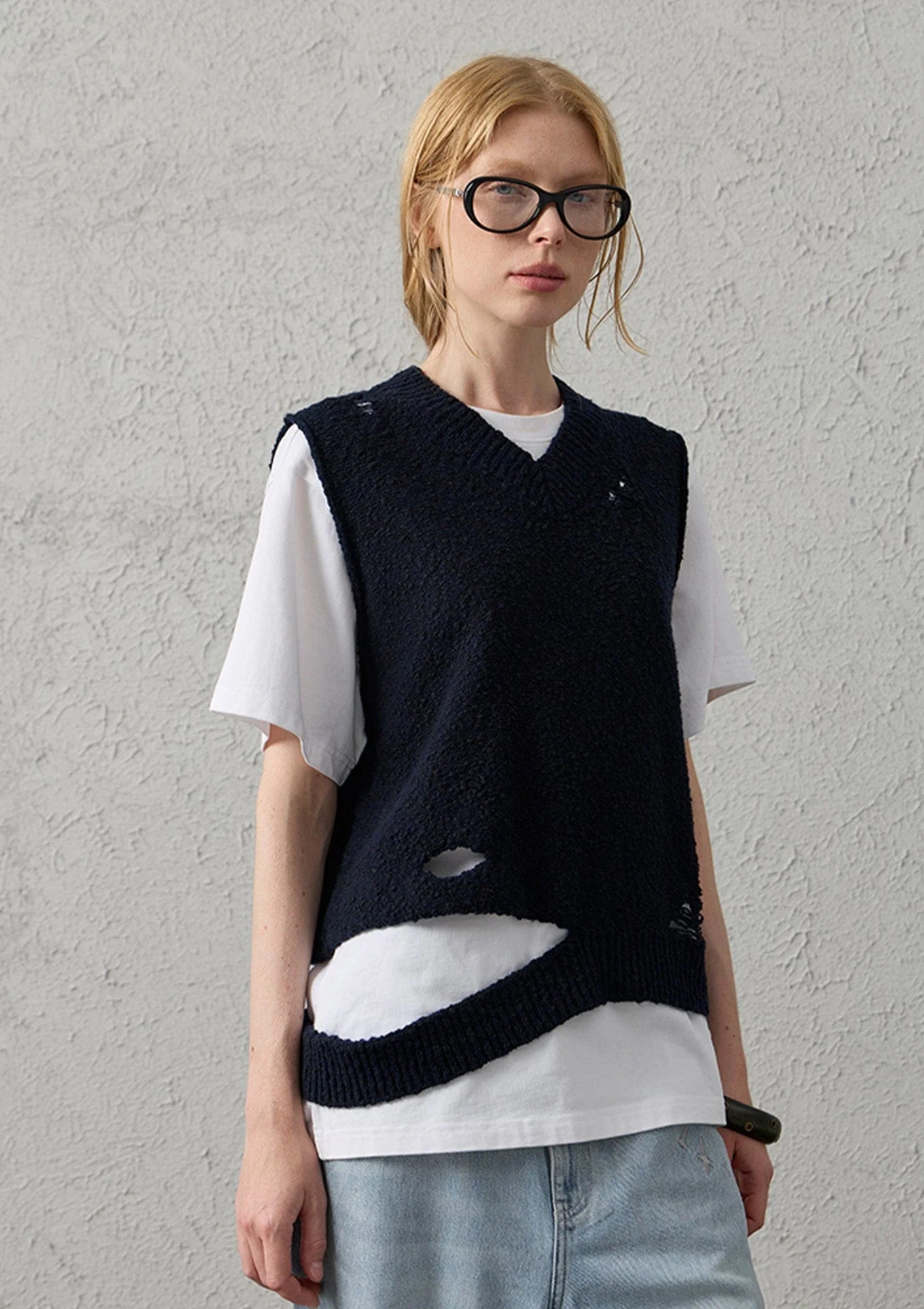 ORGANIC EMOTION Asymmetrical Distressed Bubble-Knit Vest