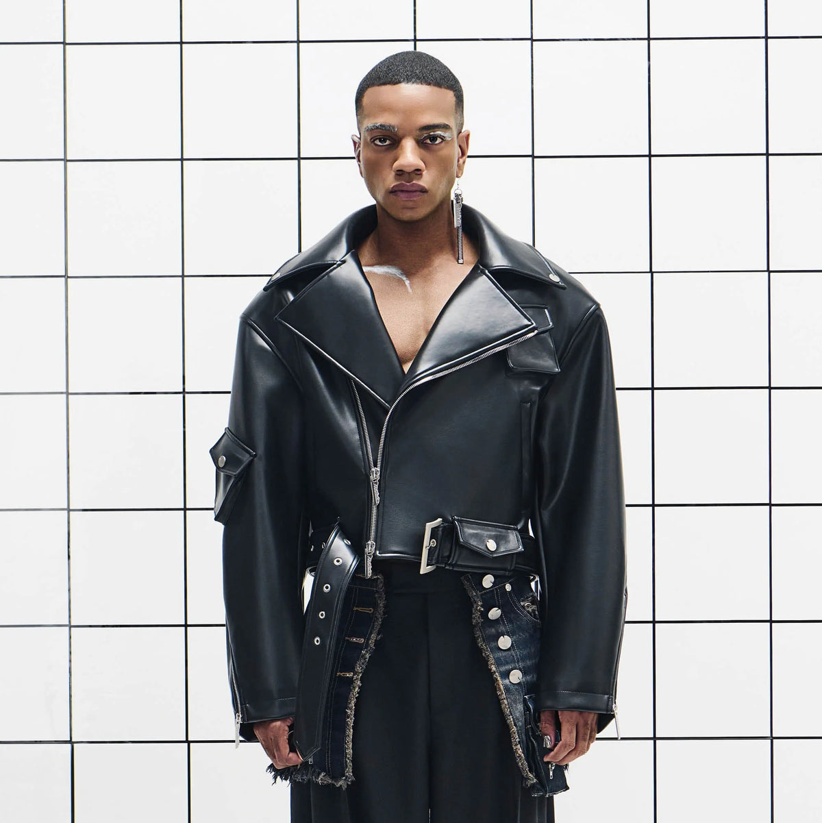 455EMBLE Asymmetrical Back-Zip Cropped PU Biker Jacket