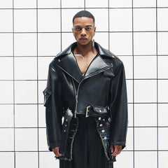 455EMBLE Asymmetrical Back-Zip Cropped PU Biker Jacket