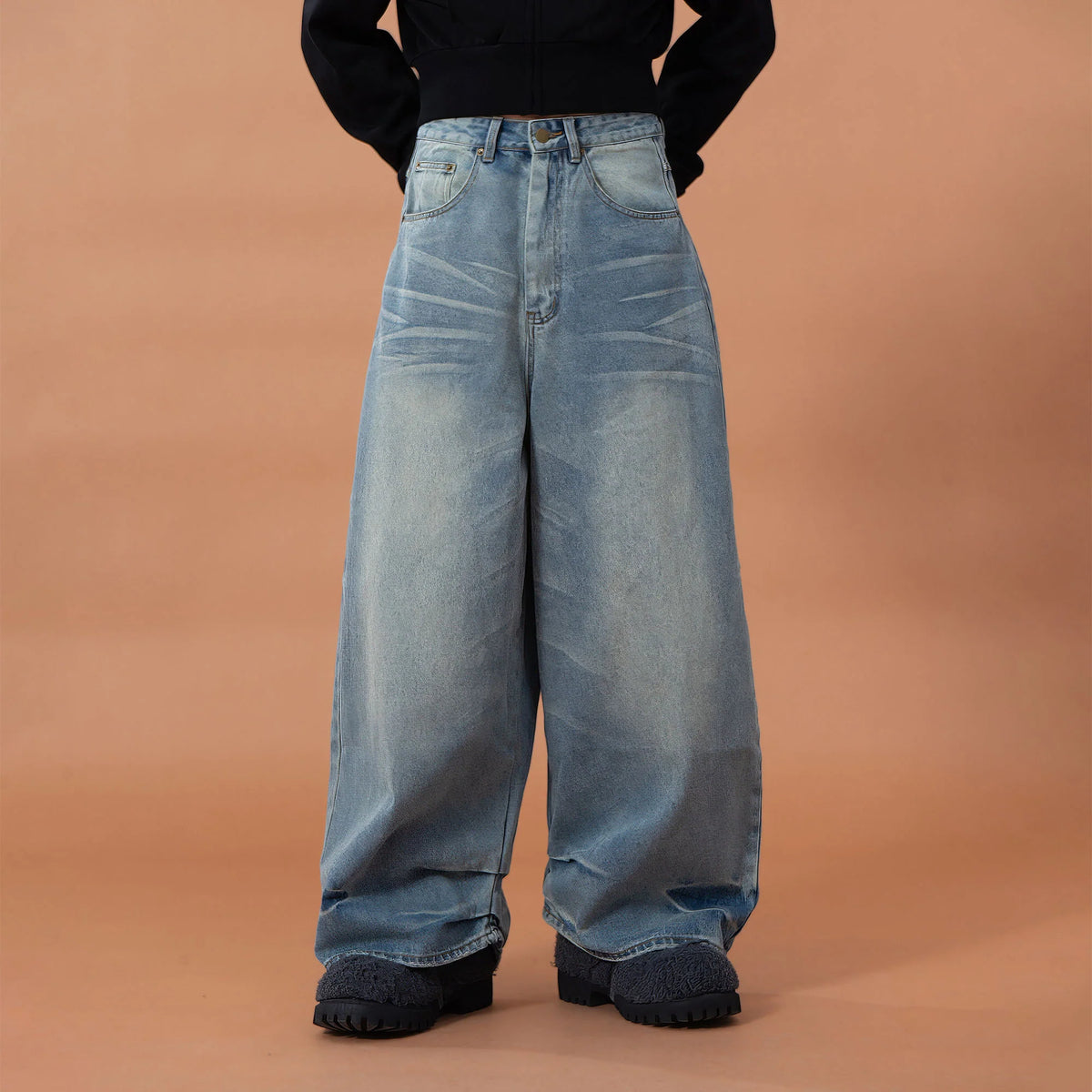 CLP Whiskering Washed Oversized Curved-Leg Jeans