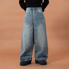 CLP Whiskering Washed Oversized Curved-Leg Jeans