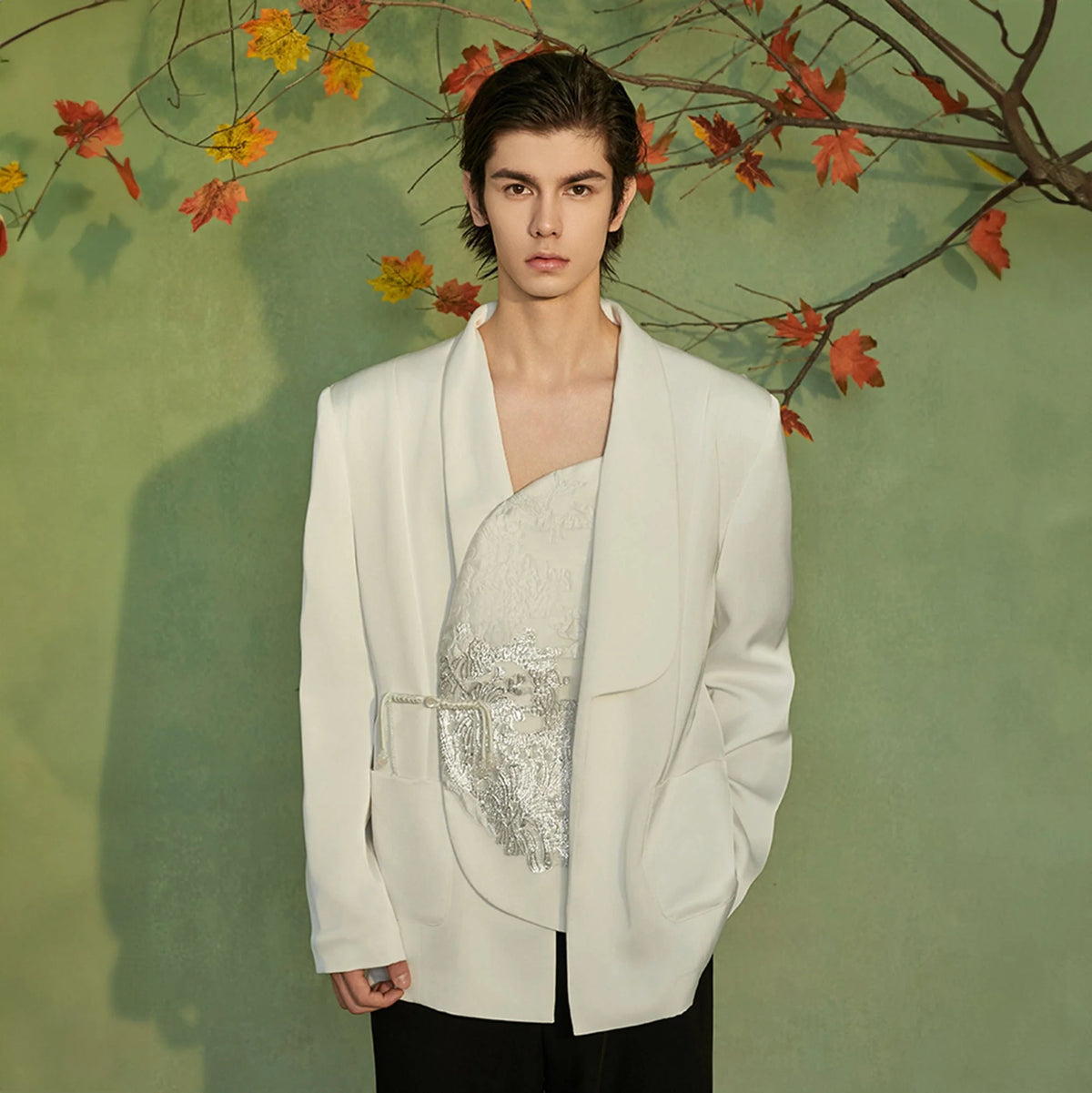 JIECHI Asymmetrical Curved Placket Jacquard Blazer
