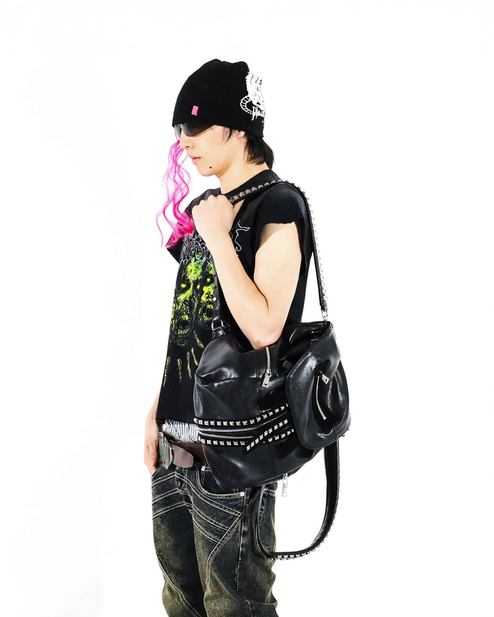 PCCVISION x GMK Studded Zippered PU Bucket Backpack