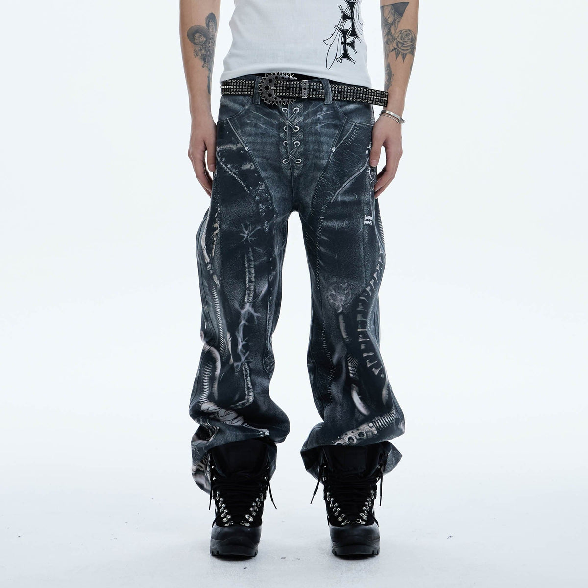 DND4DES Industrial Pipe Lace-Up Graphic Baggy Jeans