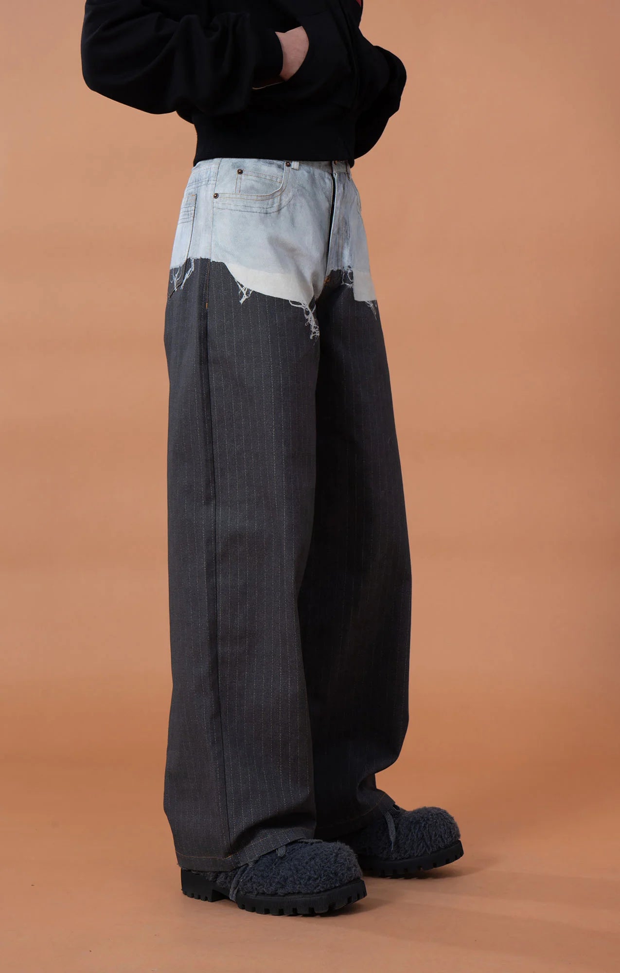 CLP Denim-Waist Pinstripe Straight-Leg Pants
