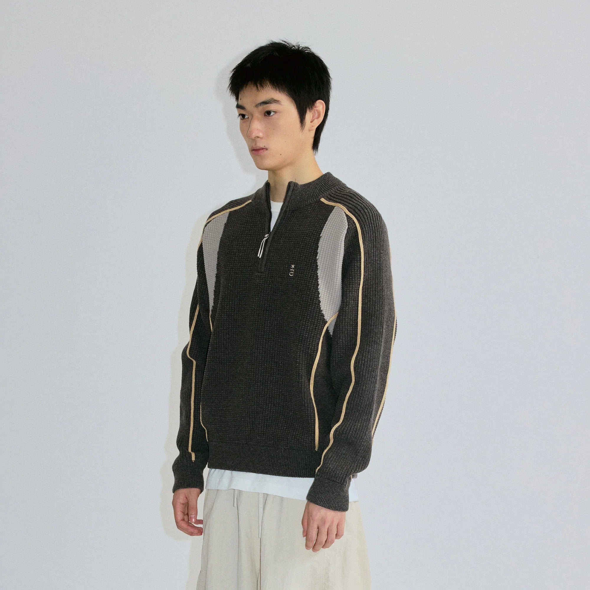ROARINGWILD A ARCH Contrast Panel Raglan Half-Zip Sweater