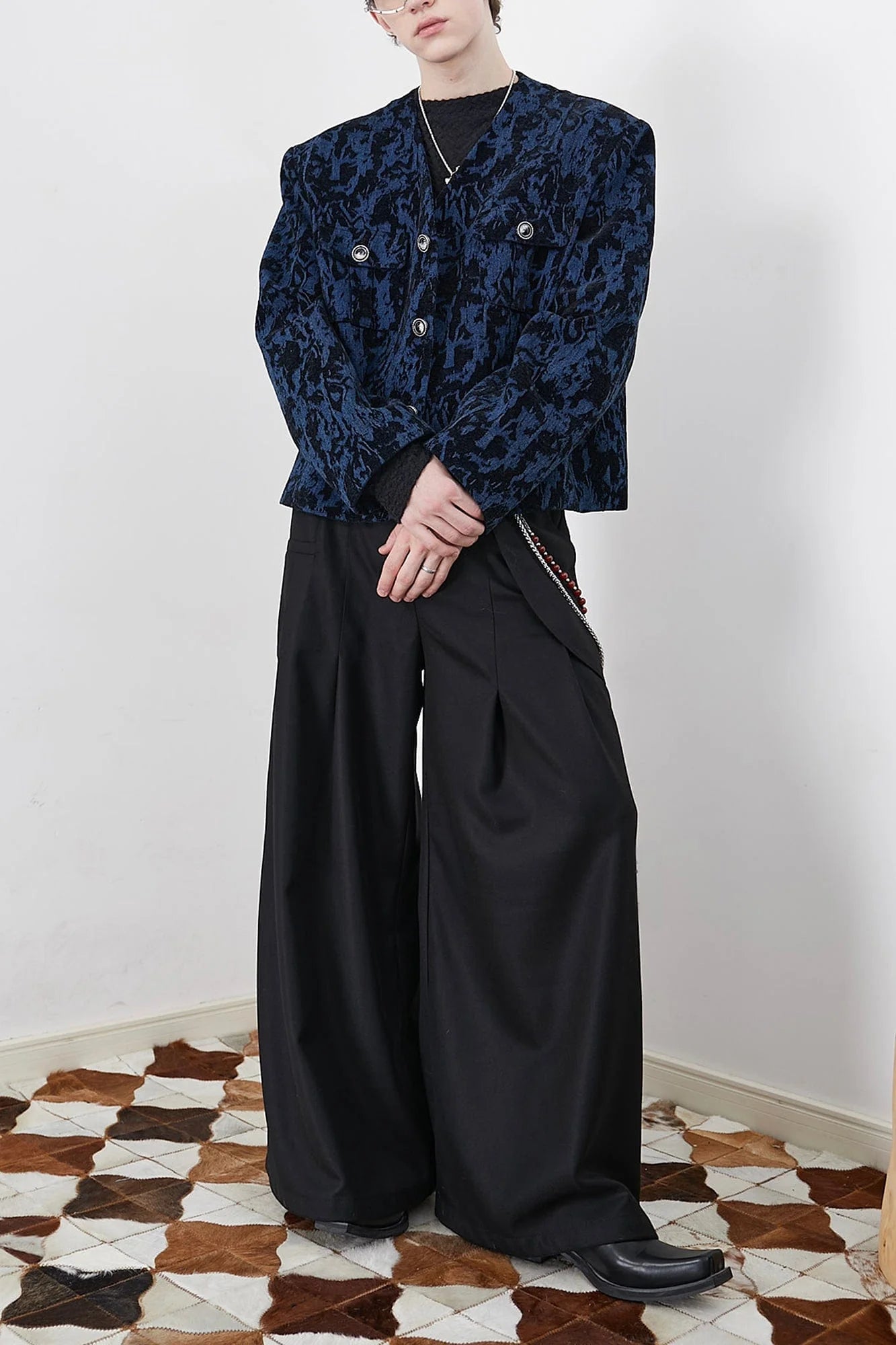 ASSEEN Asymmetrical Tab Pleated Wide-Leg Pants Black