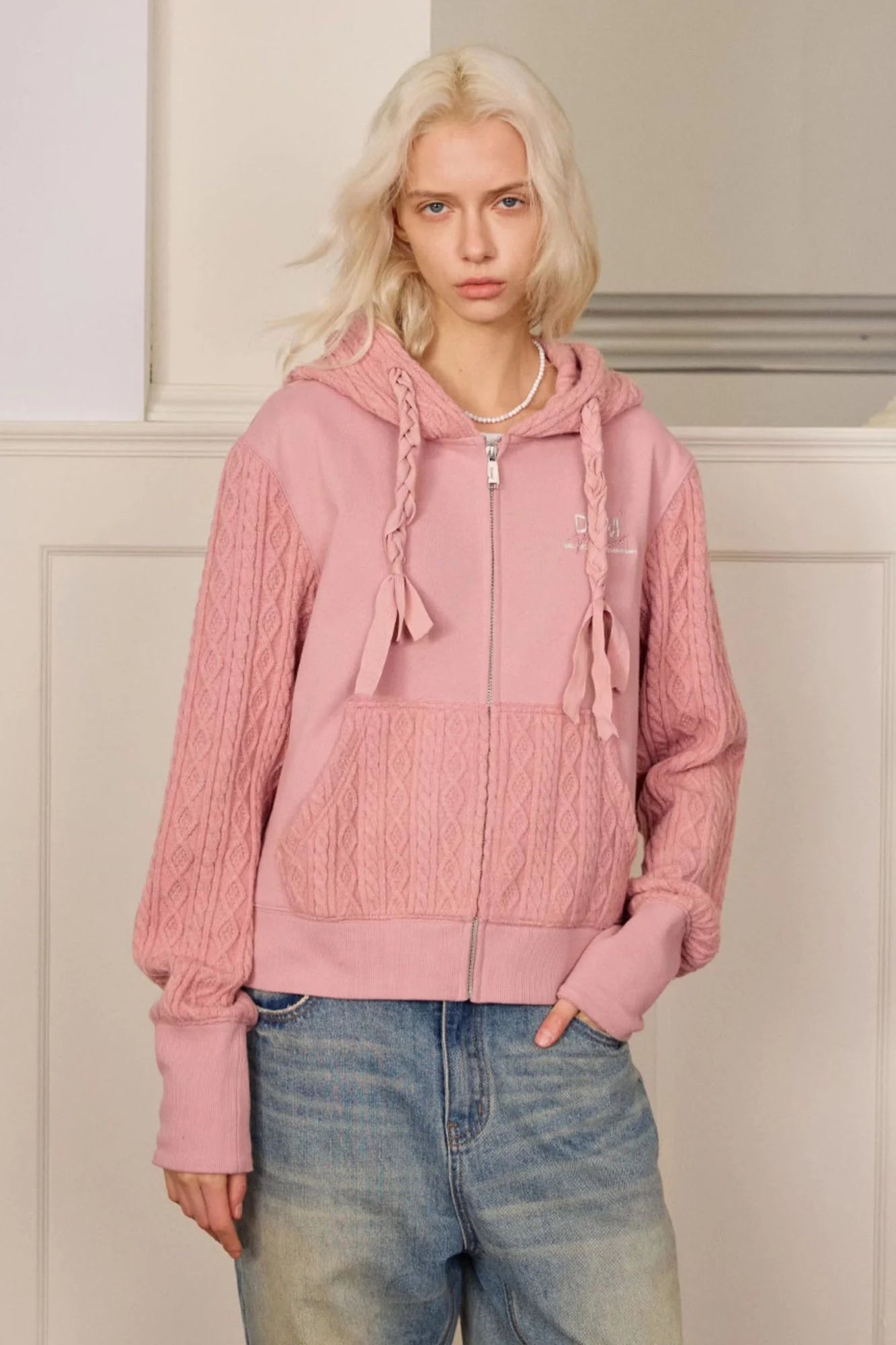 DONSMOKE Spliced Cable-Knit Zip-Up Hoodie