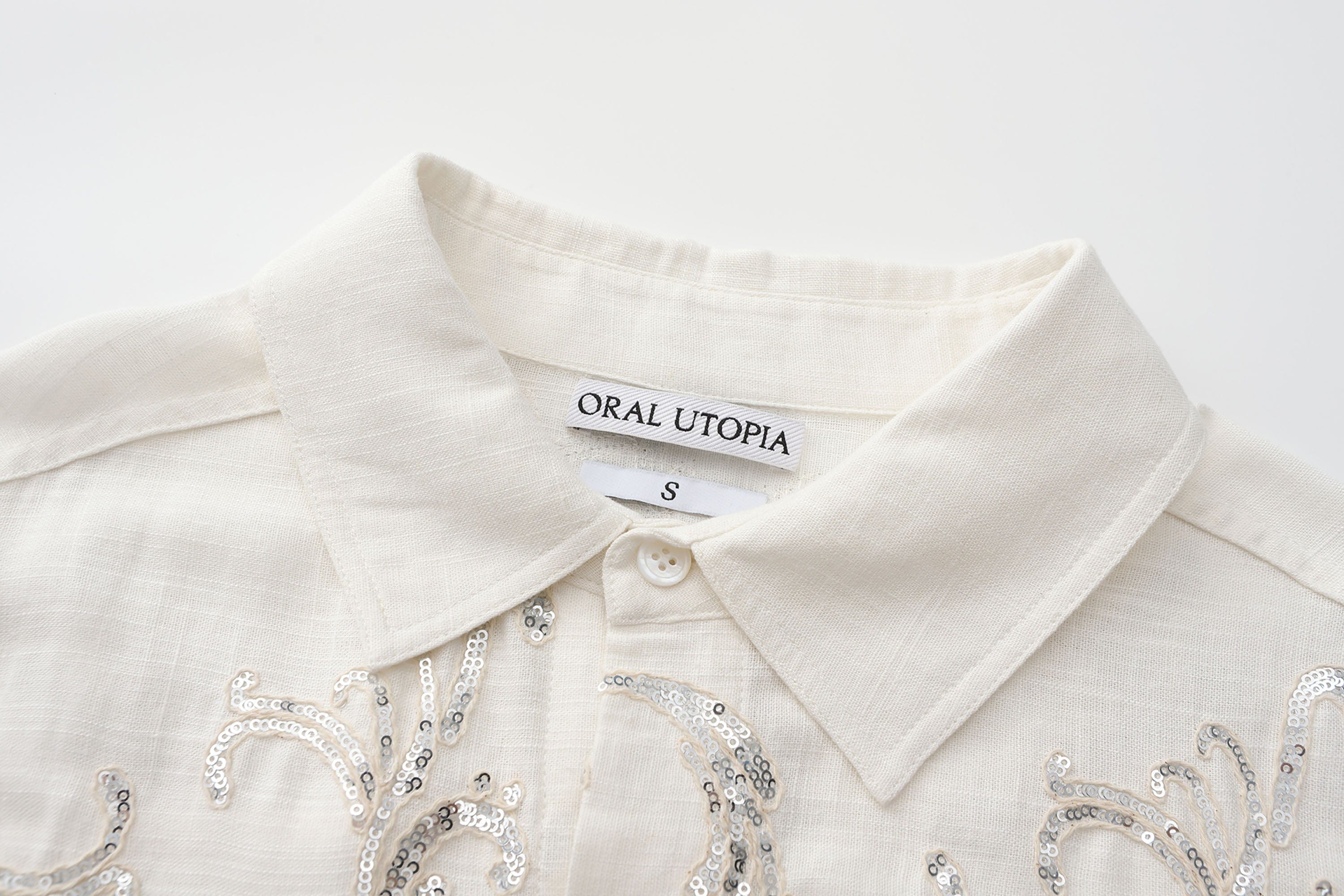 ORAL UTOPIA Ornate Sequin Embroidered Linen-Blended Tie Shirt