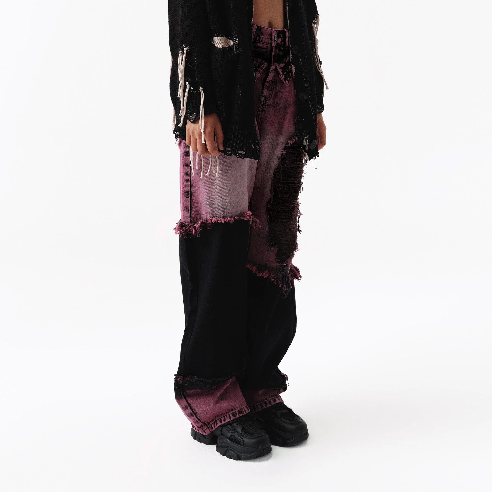 VANN VALRENCE Distressed Panelled Frayed Straight-Leg Jeans