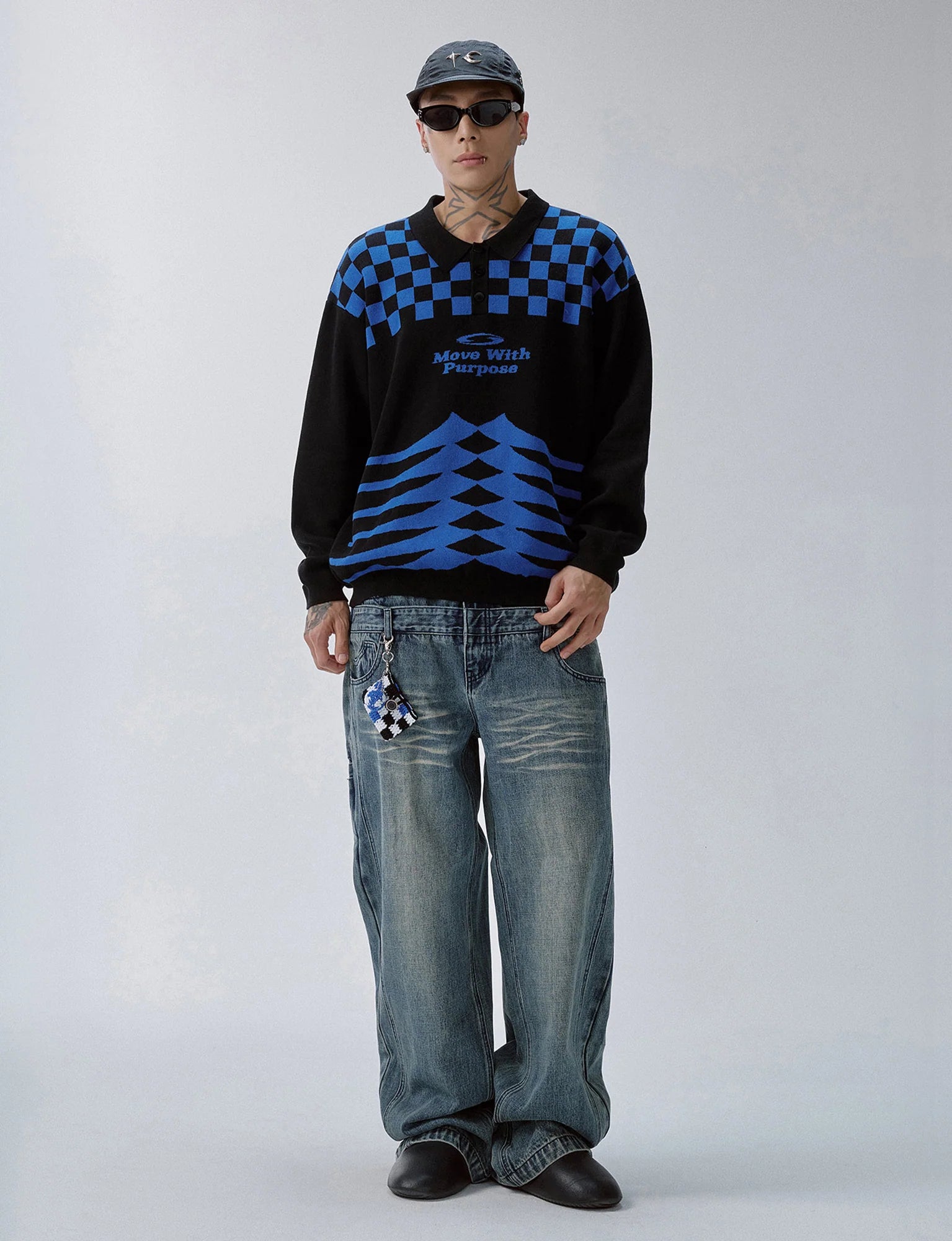 F2CE Slogan Contrast Checkerboard Jacquard Knit Polo