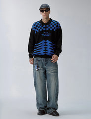 F2CE Slogan Contrast Checkerboard Jacquard Knit Polo