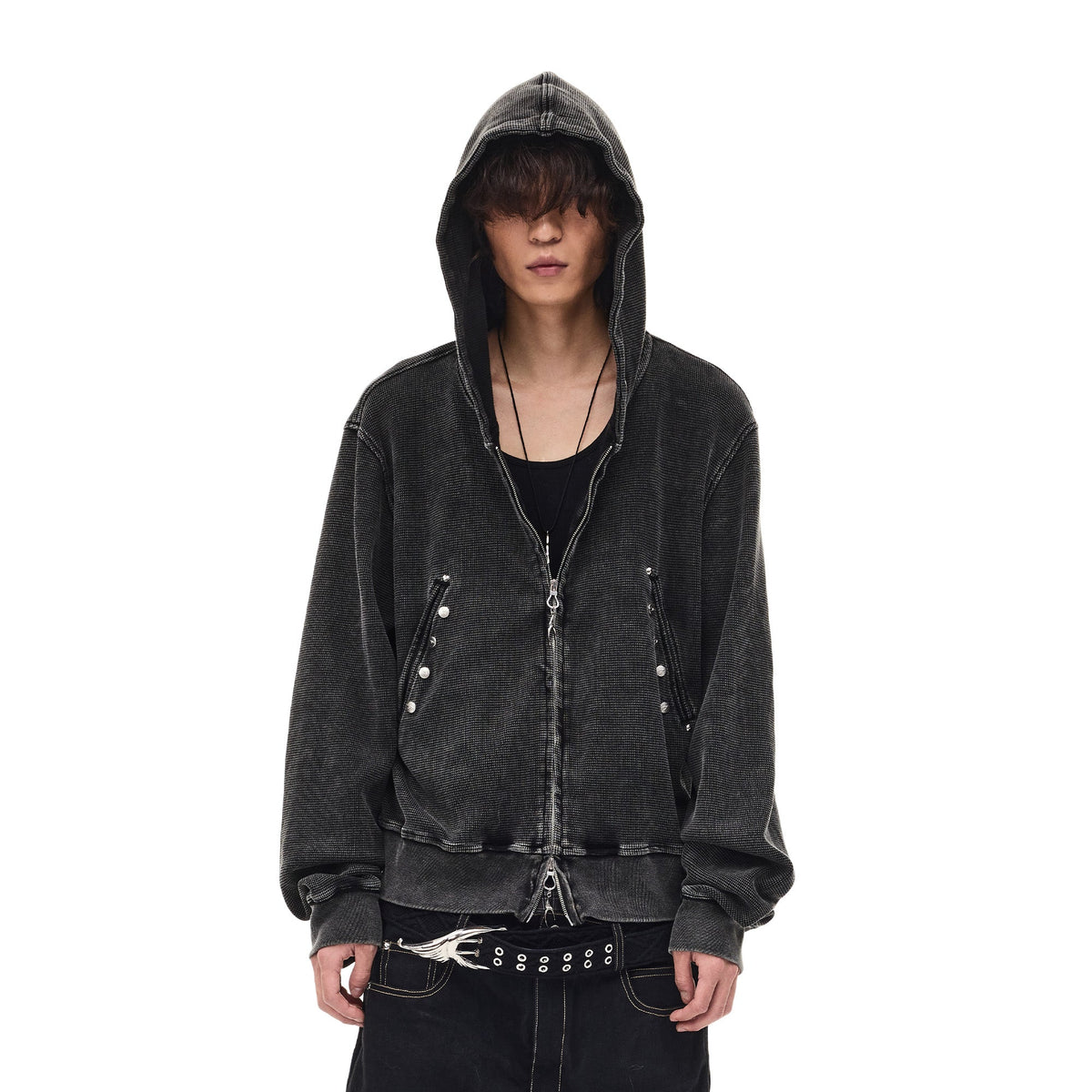 WHISTLEHUNTER Washed Waffle Studded Zip-Up Hoodie