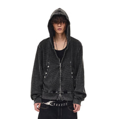 WHISTLEHUNTER Washed Waffle Studded Zip-Up Hoodie