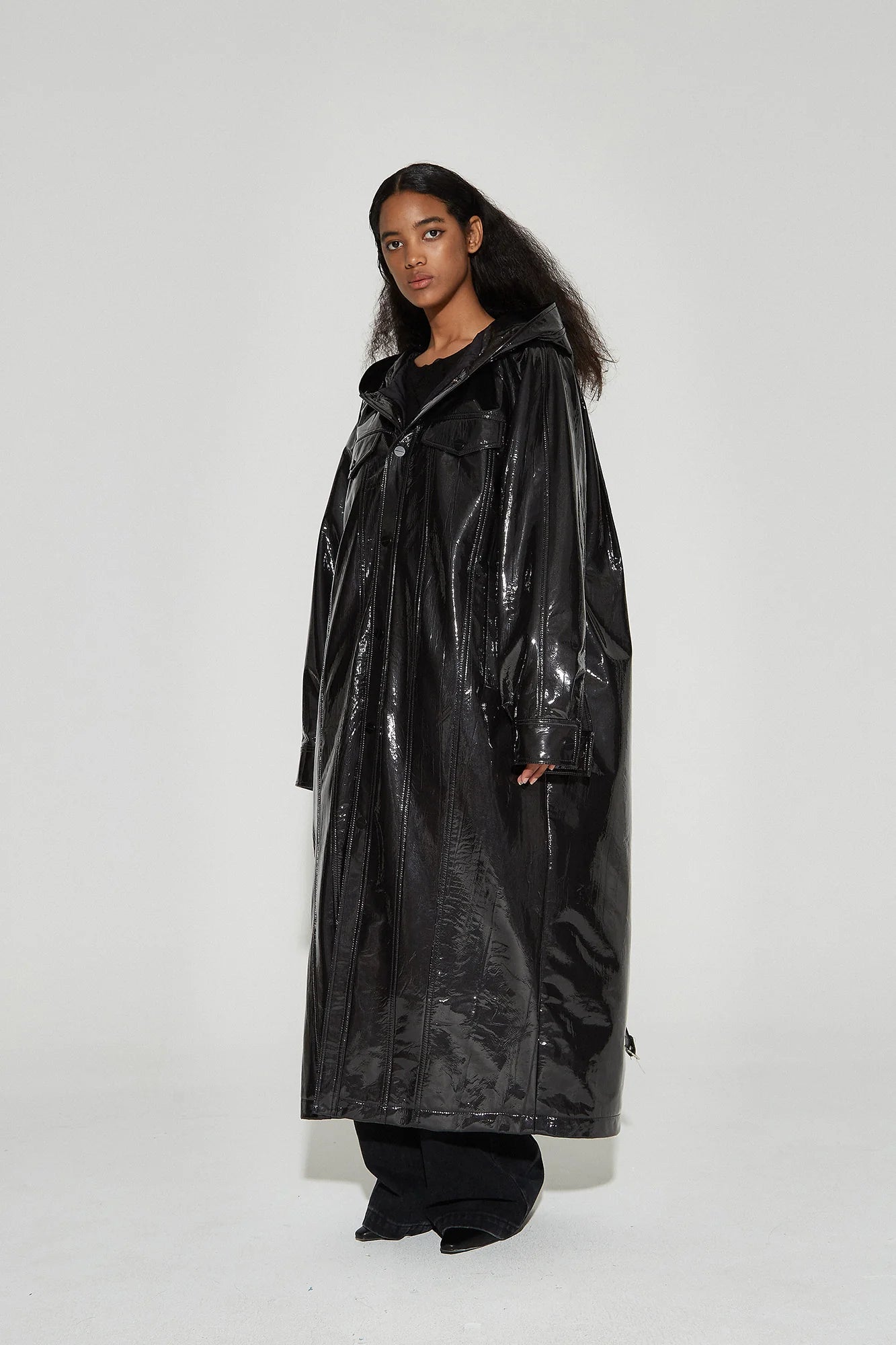 VANN VALRENCE Glossy Belted Hooded Padded Long Coat