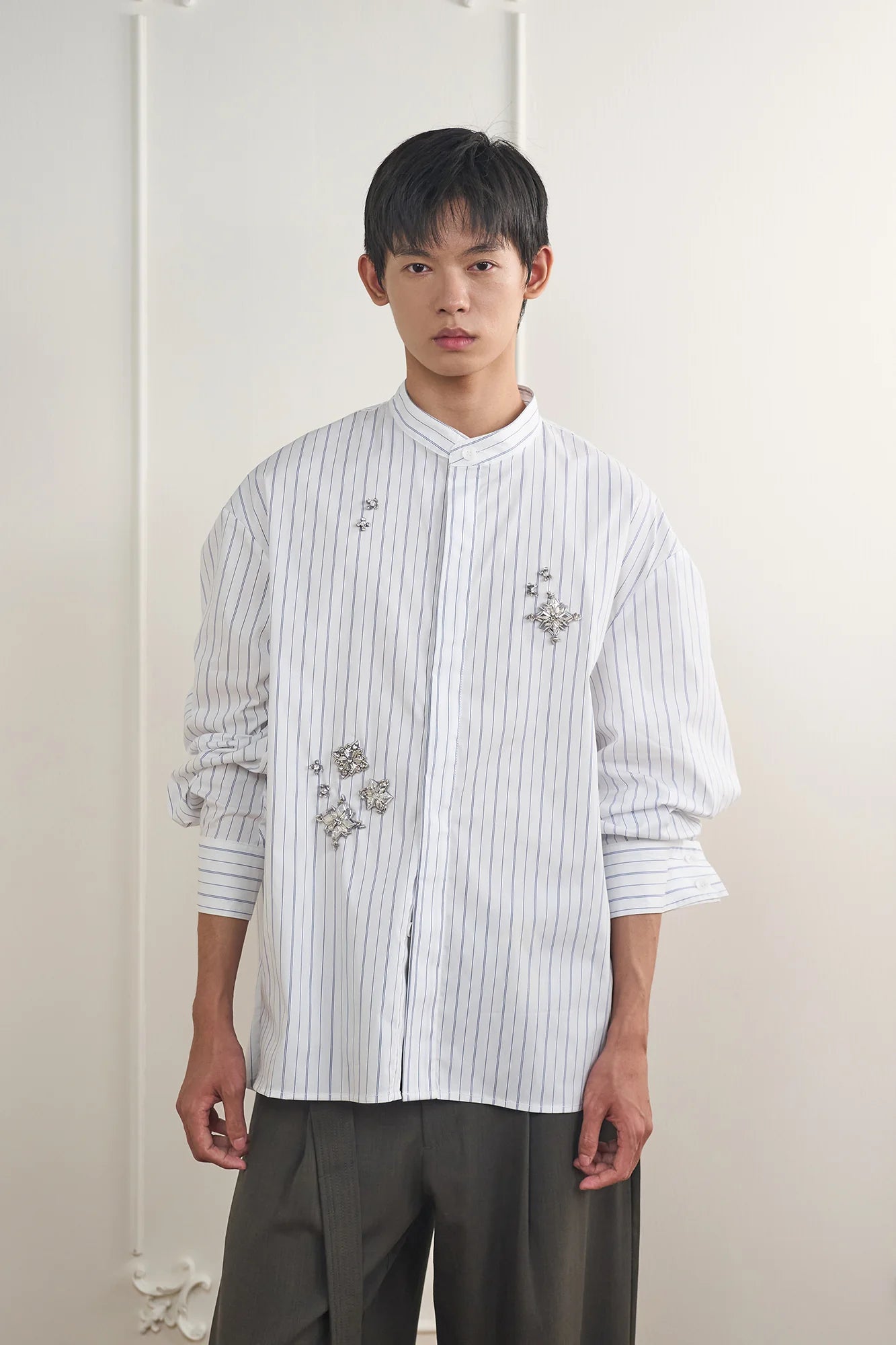 ORAL UTOPIA Silver Embellished Striped Mandarin Collar Shirt