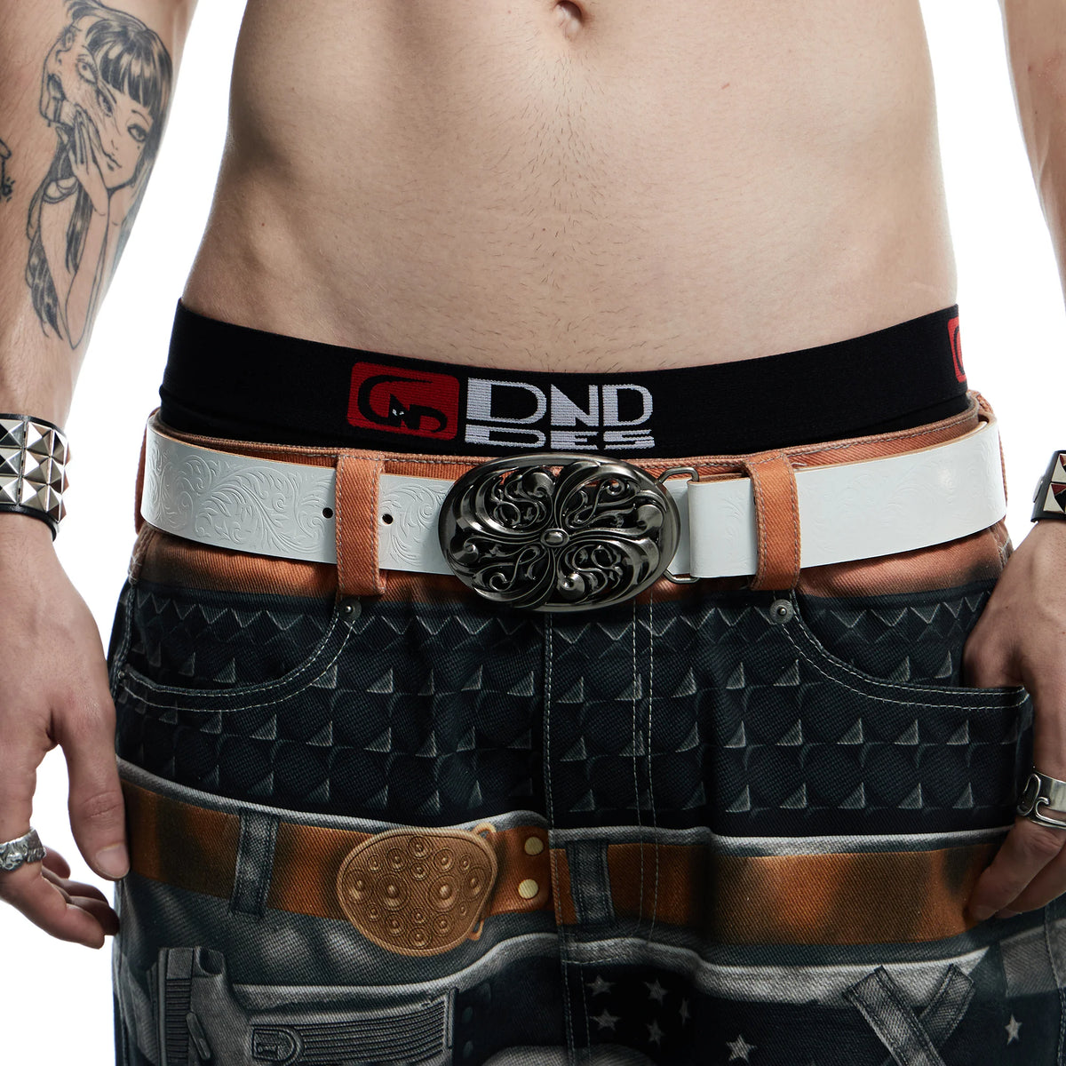 DND4DES Filigree Buckle Cowhide Leather Belt White
