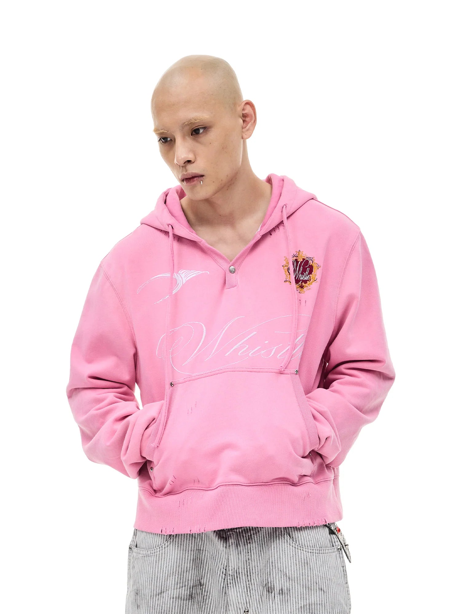 WHISTLEHUNTER Distressed Embroidered V-Neck Hoodie
