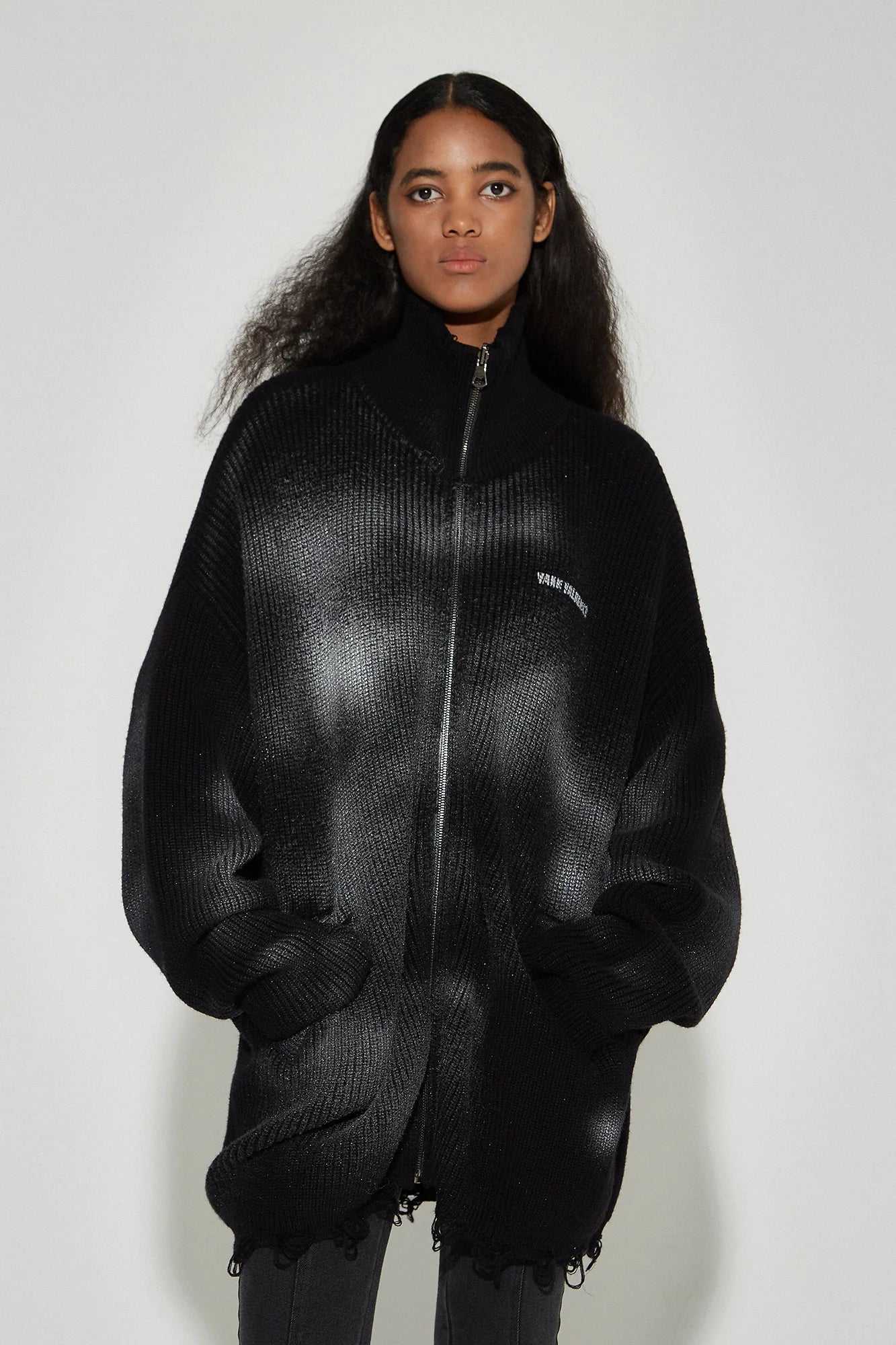 VANN VALRENCE Distressed Ombre Zip-Up Cardigan
