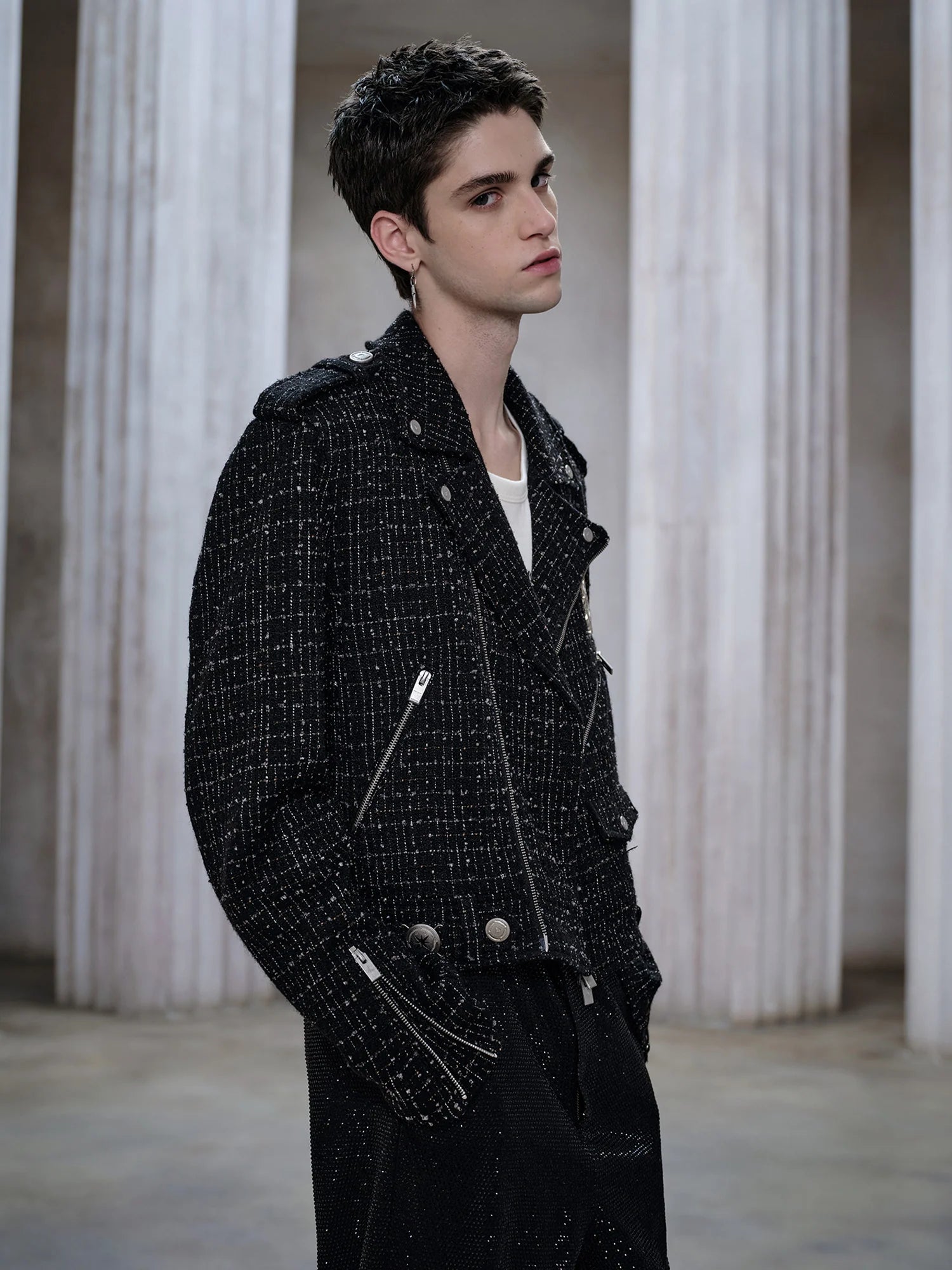 FACEONLAB Metal Badge Multi-Zip Tweed Biker Jacket