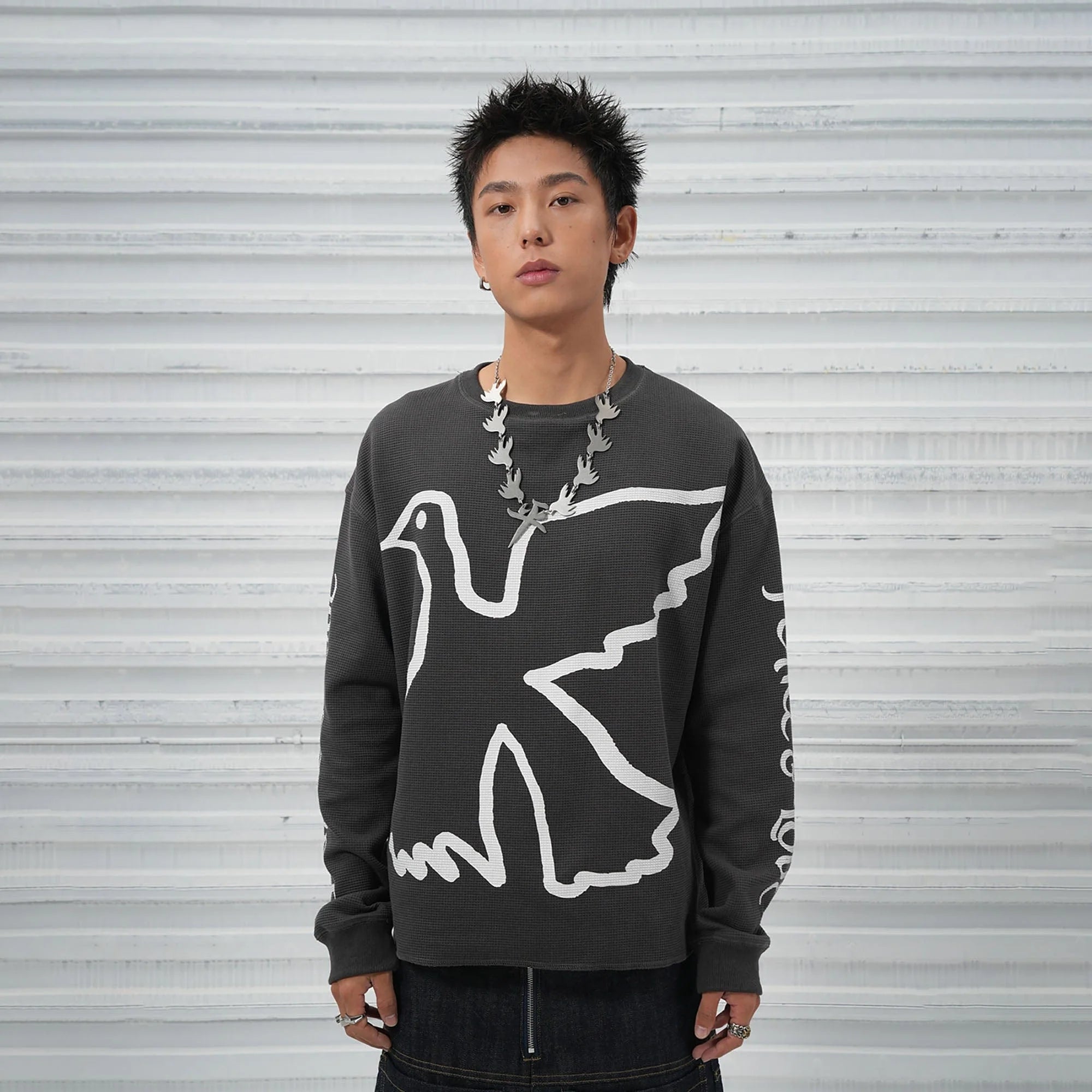 VINKID Pigeon Graphic Waffle Sweatshirt
