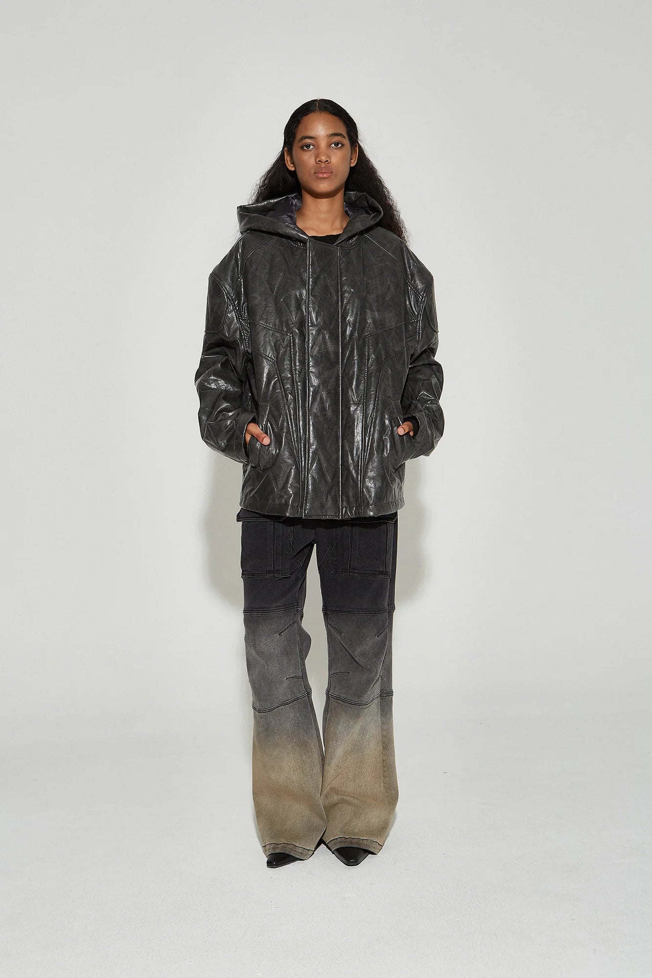 VANN VALRENCE Diamond-Embossed Faux Leather Hooded Puffer