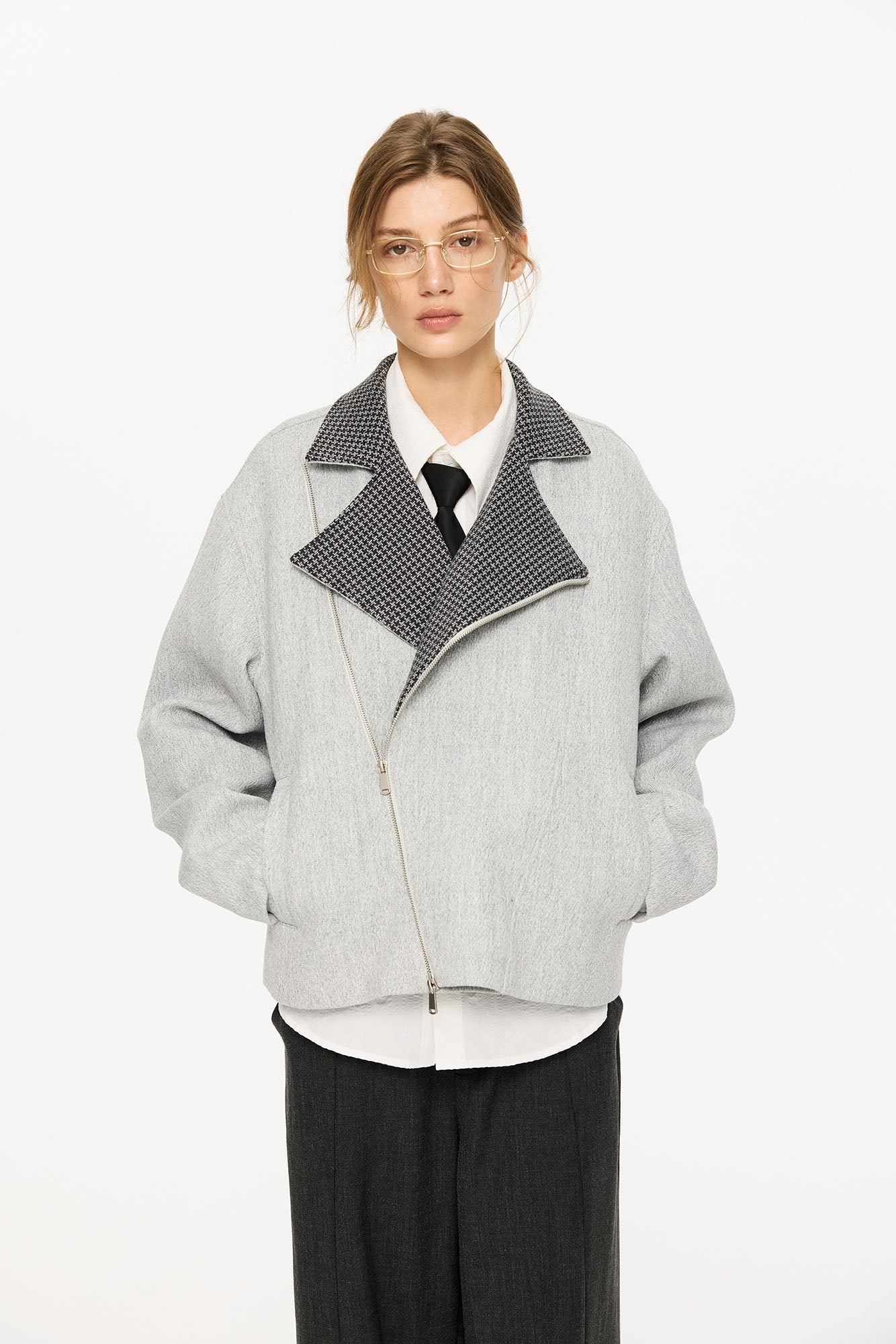 KREATE Houndstooth Wool-Blend Moto Jacket