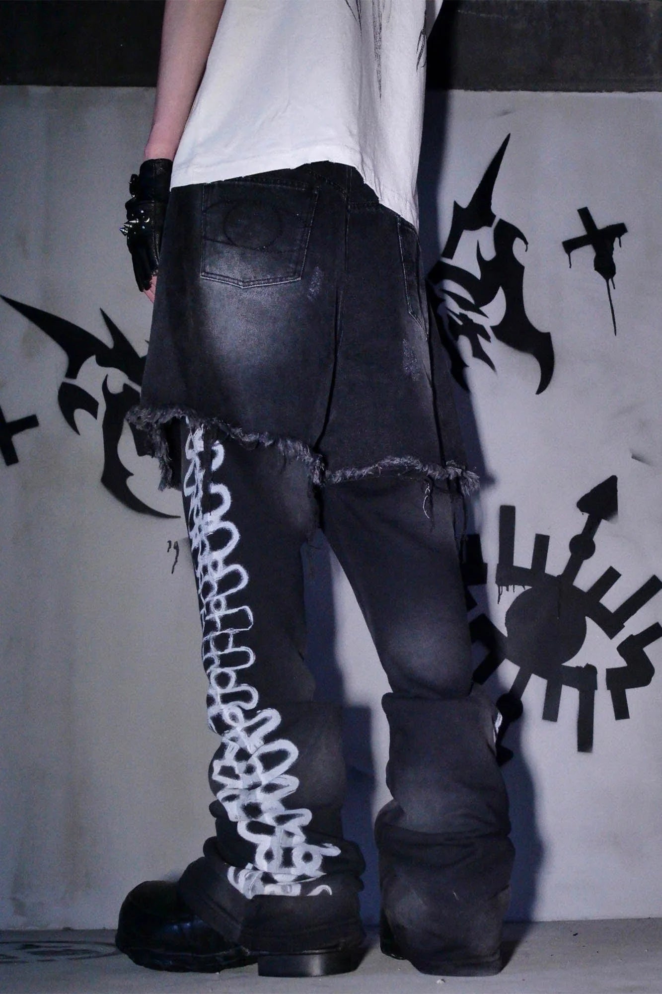 PHANTOMHUNTER Layered Ripped Spray-Painted Flared Jeans