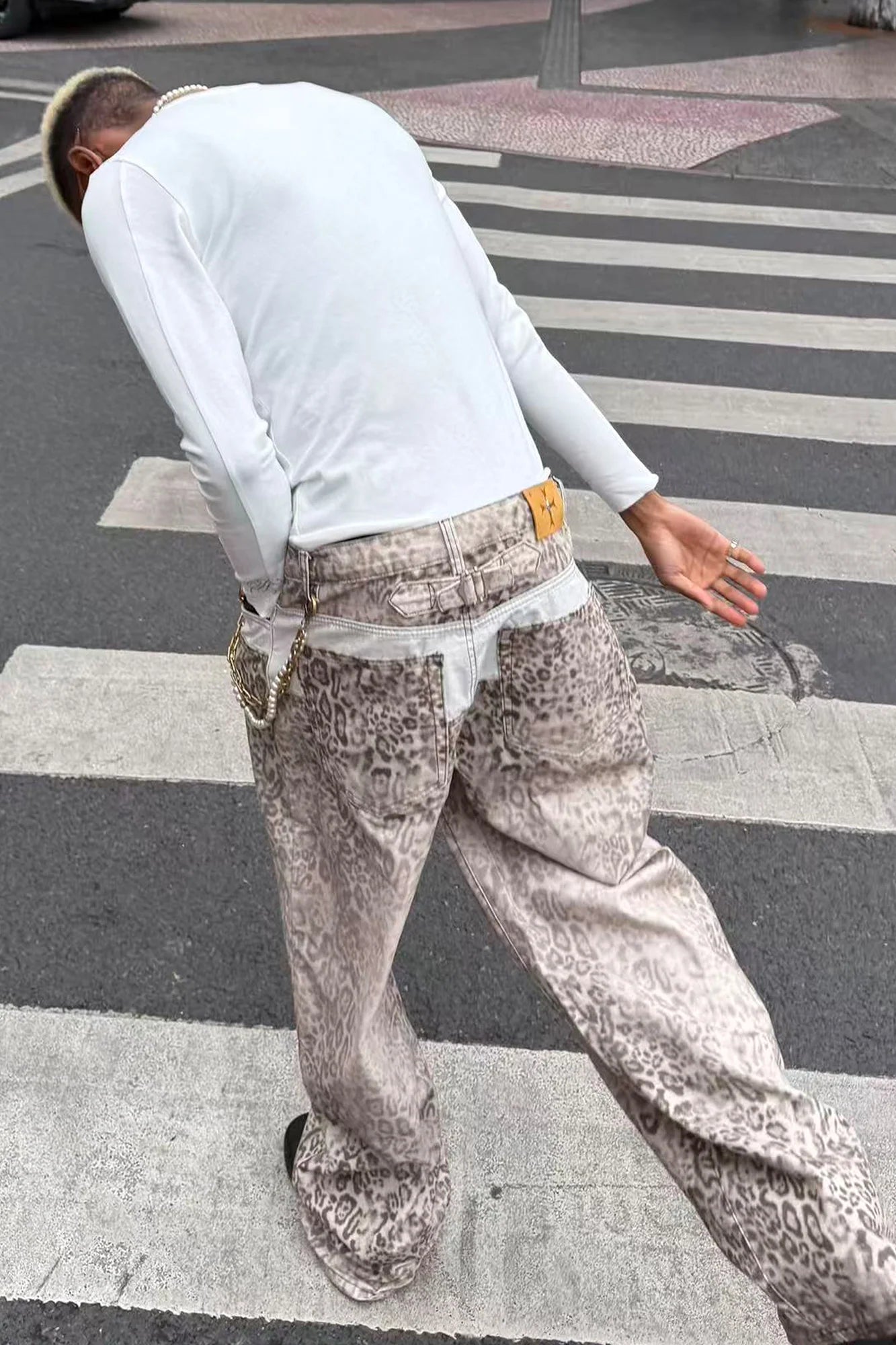 STEEPC Leopard Washed Paneled Wide-Leg Pants