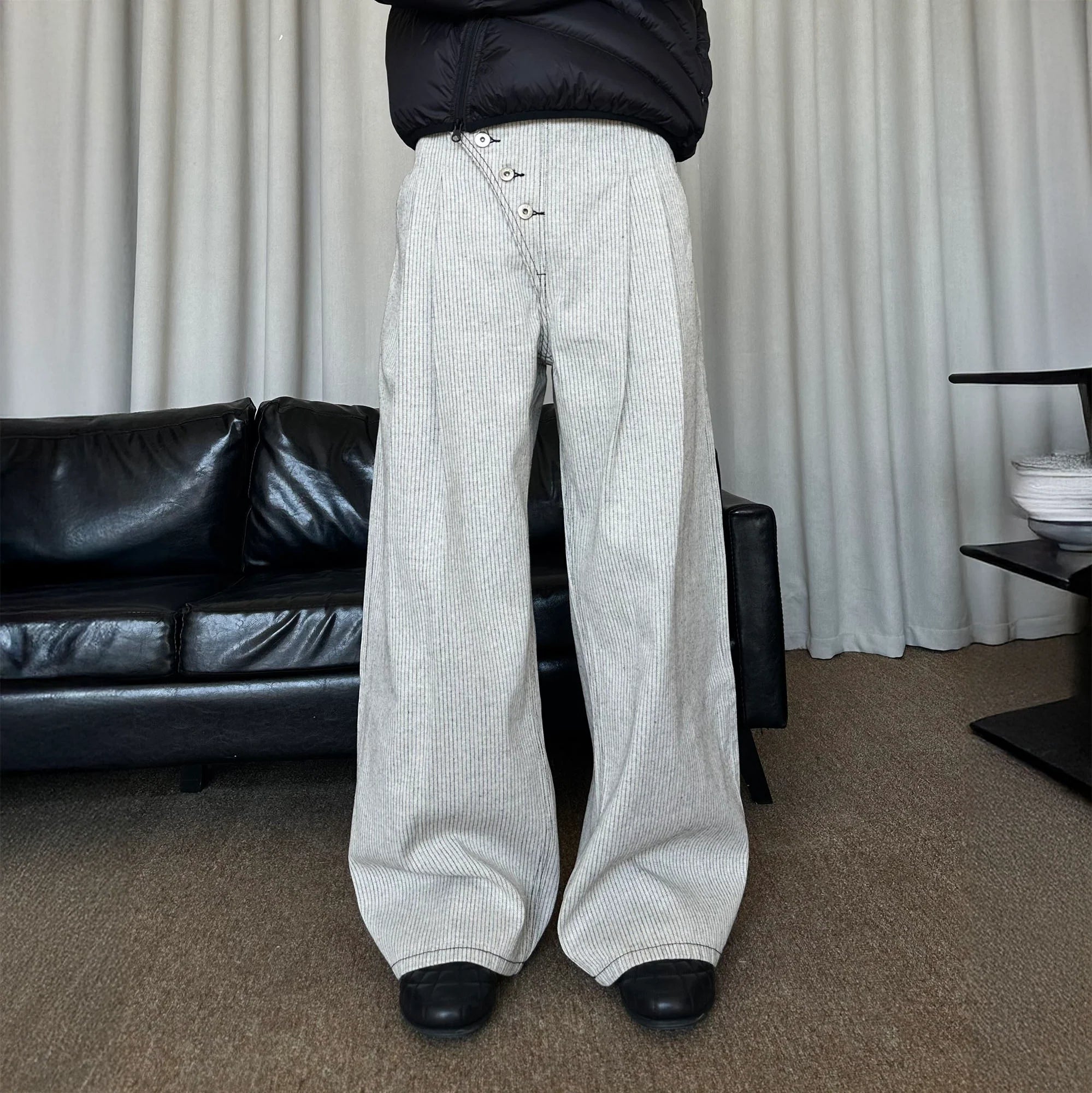 KREATE Asymmetric Button-Up Pleated Jeans