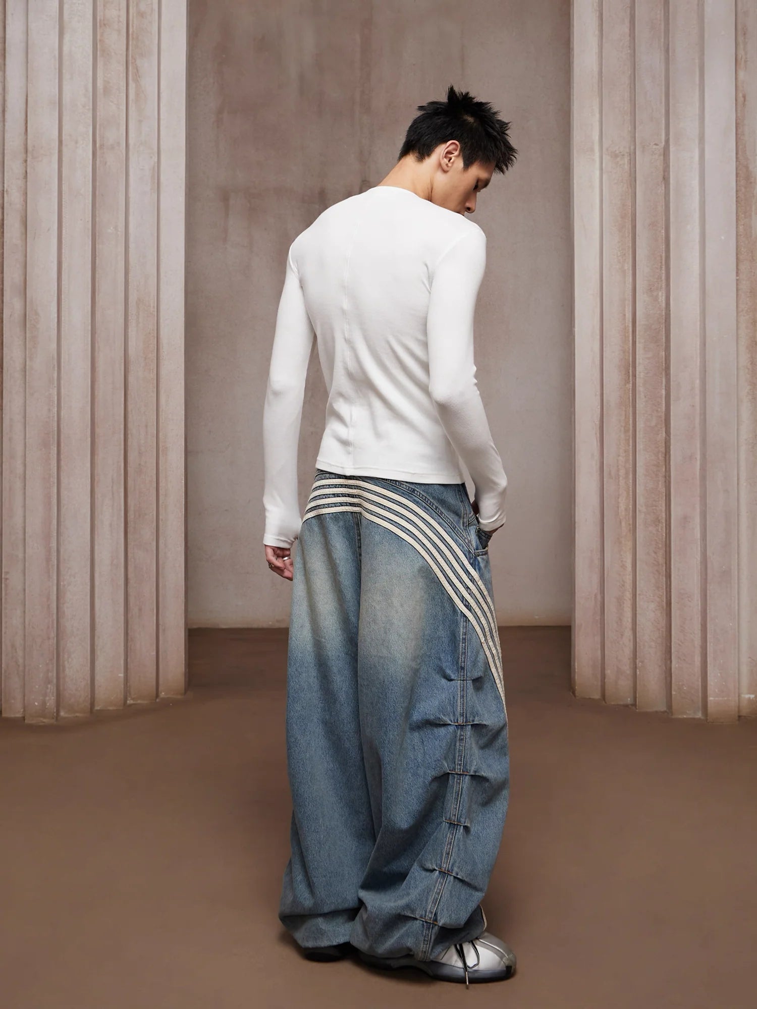 DND4DES Washed Ruched Striped Baggy Jeans