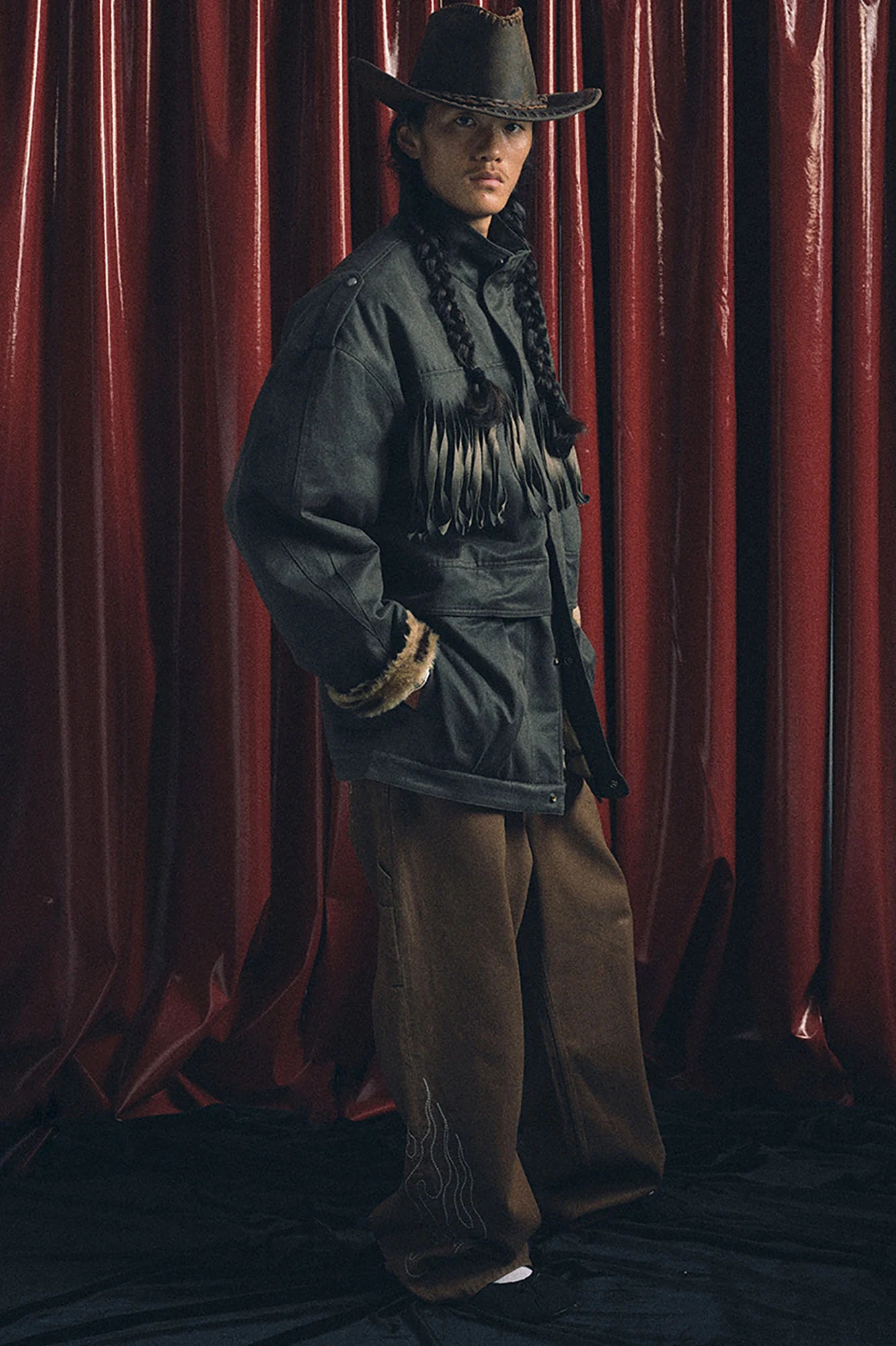 TRECLUB Tiger Stripe Lining Fringe Parka