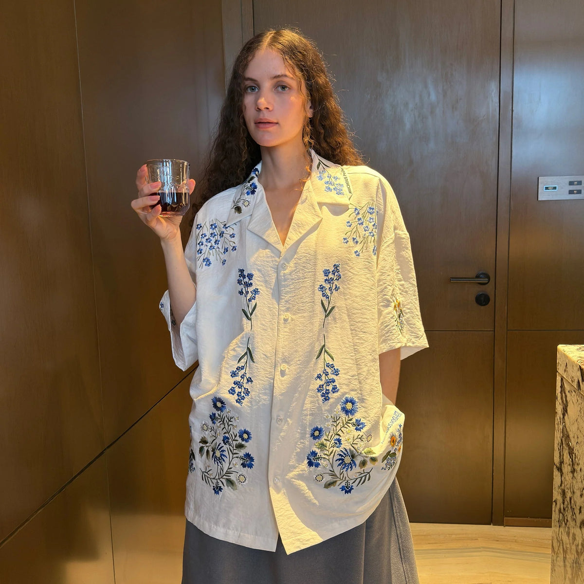 MIICHOUS Floral Embroidered Cuban Half Shirt