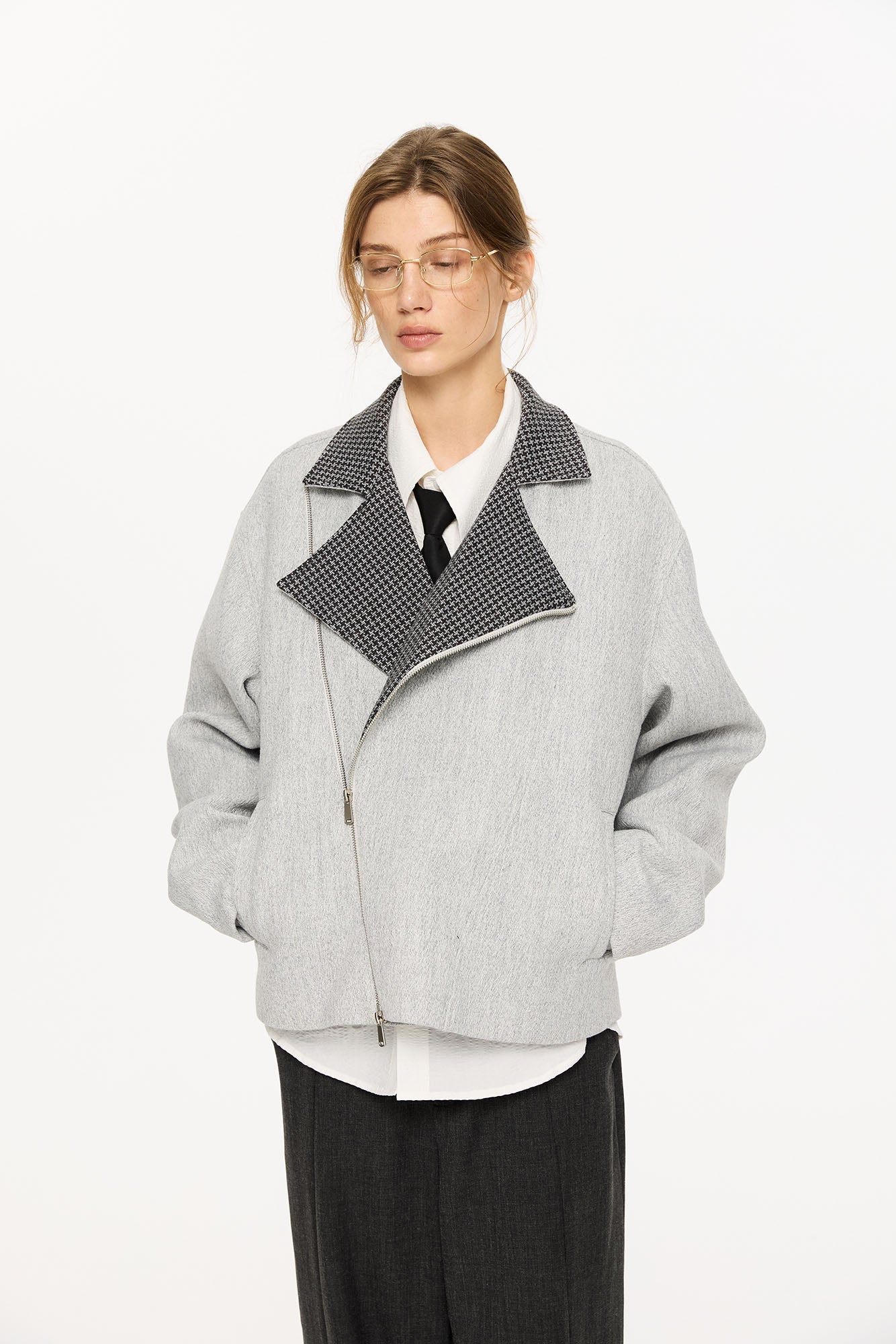 KREATE Houndstooth Wool-Blend Moto Jacket