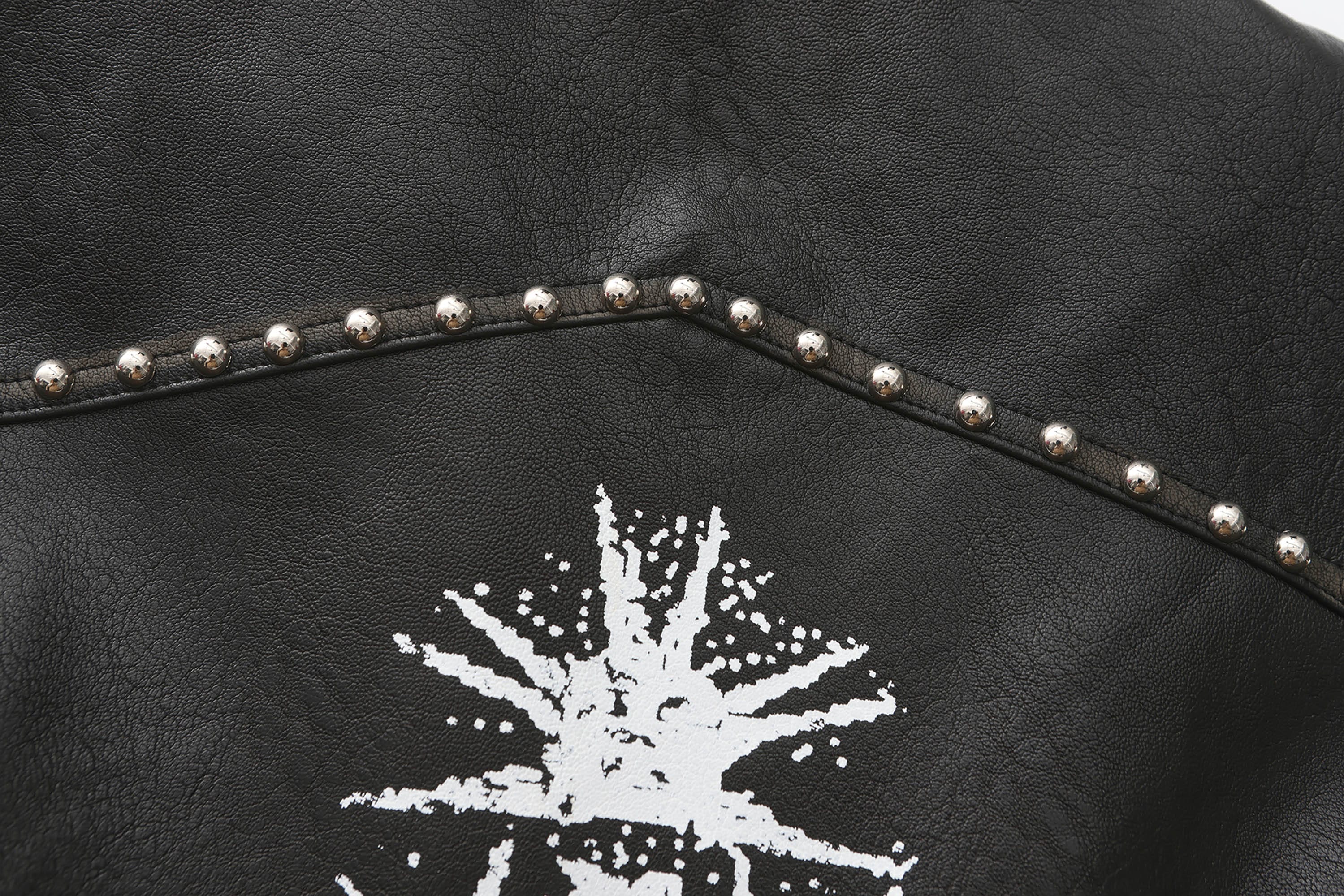 BLACK8MOB Distressed Graphics Faded Studded Leather Jacket