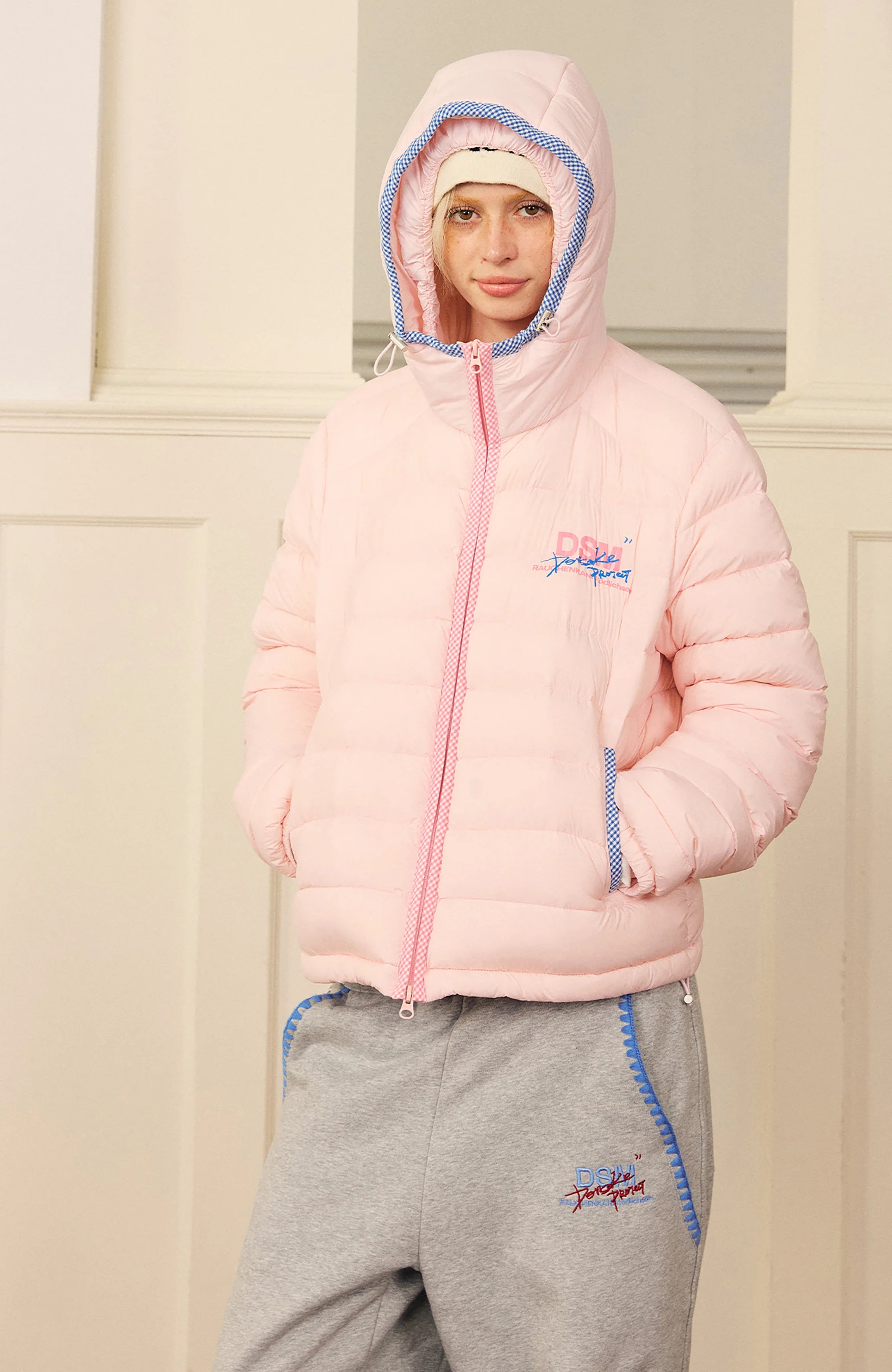 DONSMOKE Plaid Trim Hooded Down Puffer