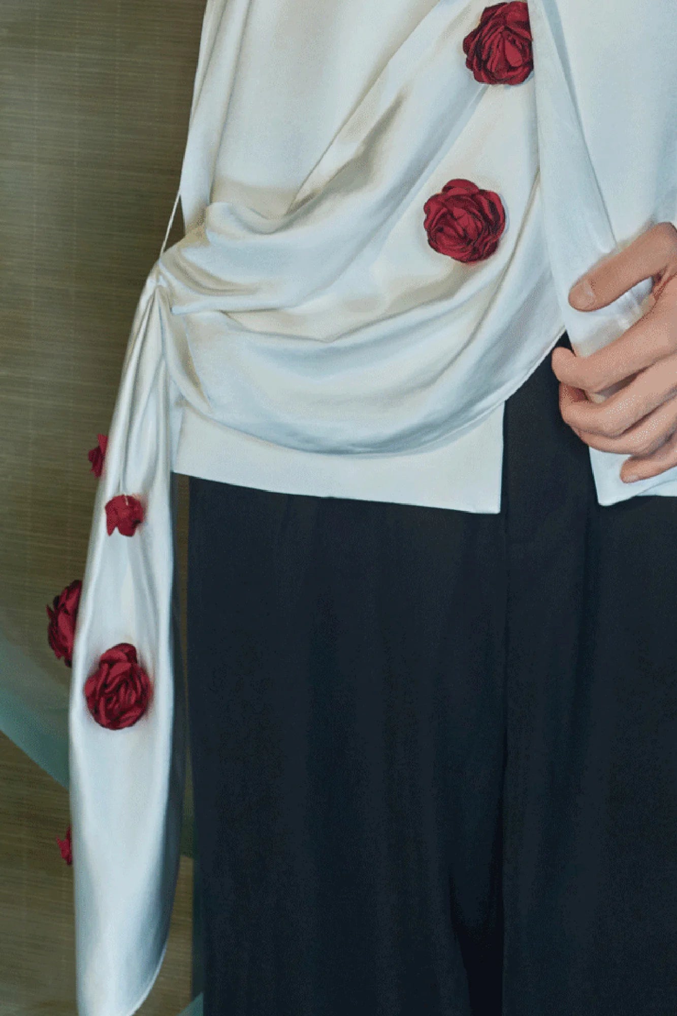 JIECHI Rose Embellished Draped Satin Blazer
