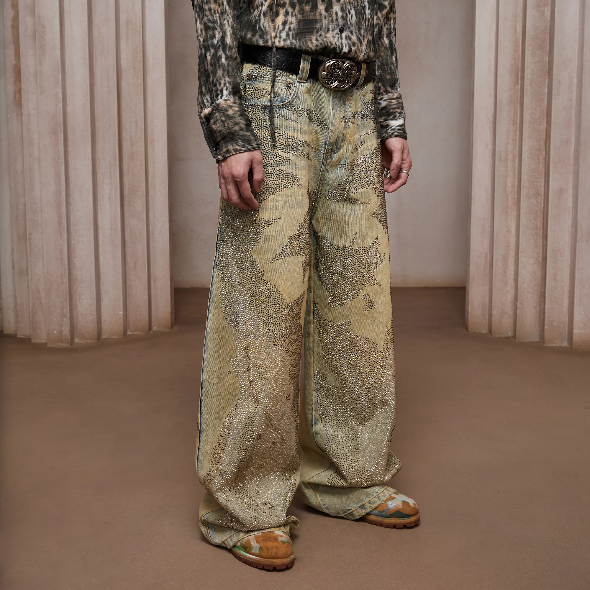 DND4DES Dirty-Washed Diamond Wide-Leg Jeans Yellow