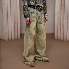DND4DES Dirty-Washed Diamond Wide-Leg Jeans Yellow