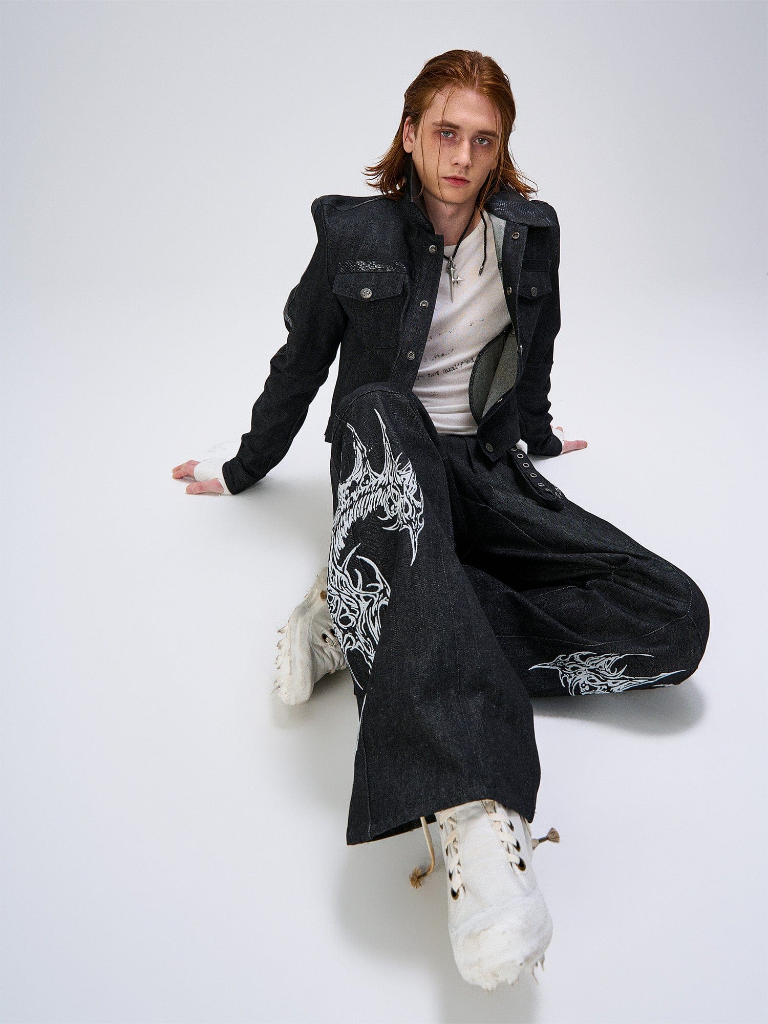 FLYERRER Abstract Graphic Flared Raw Jeans