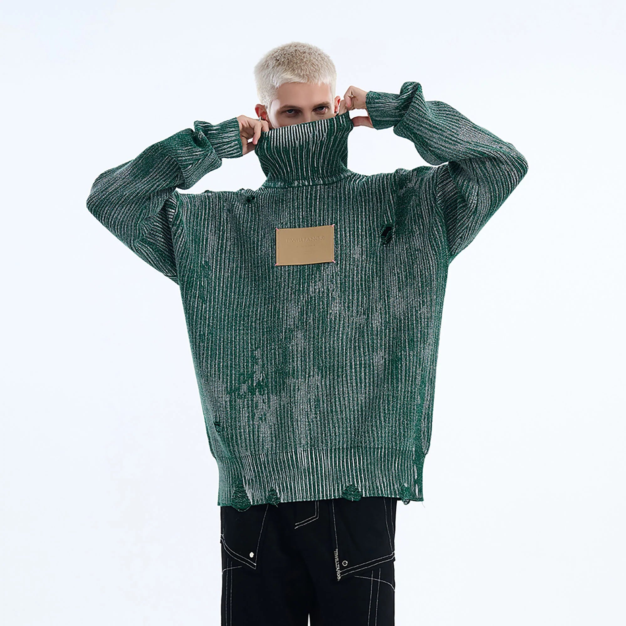 TIWILLTANG Distressed Foil High-Neck Sweater